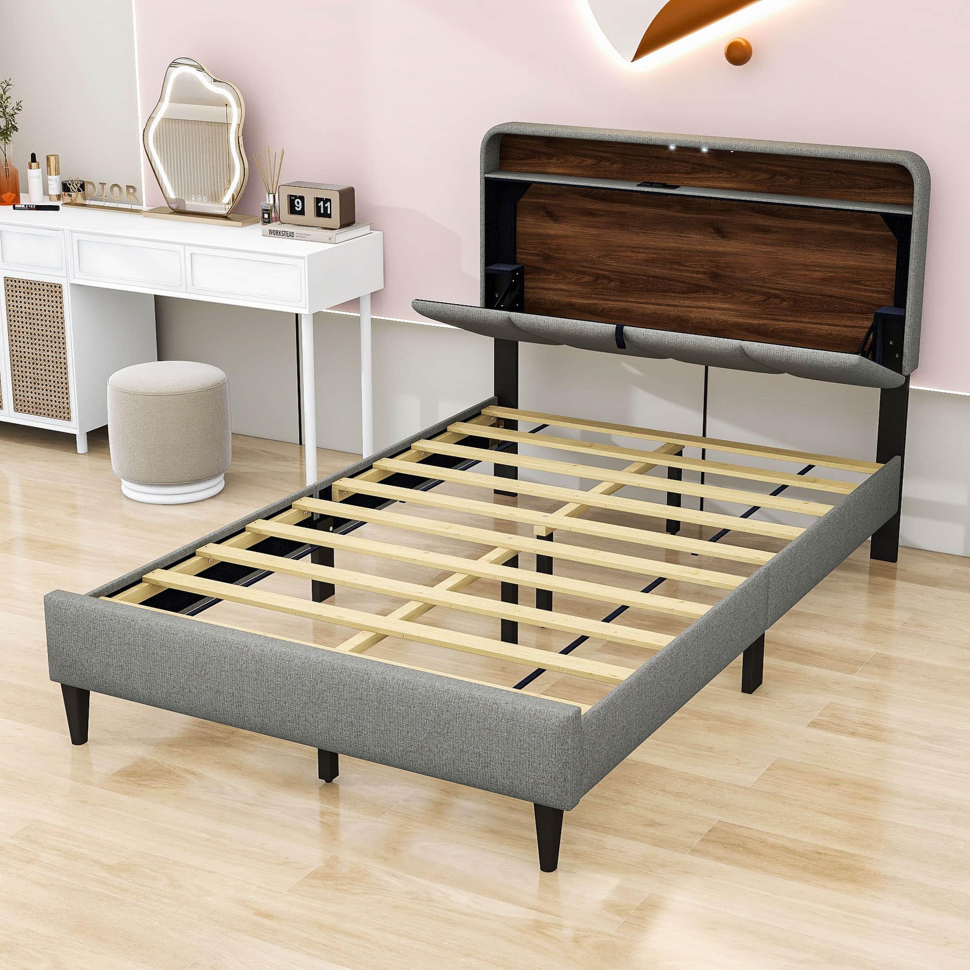 Smart Full Size Platform Upholstered Bed Frame with Storage Headboard