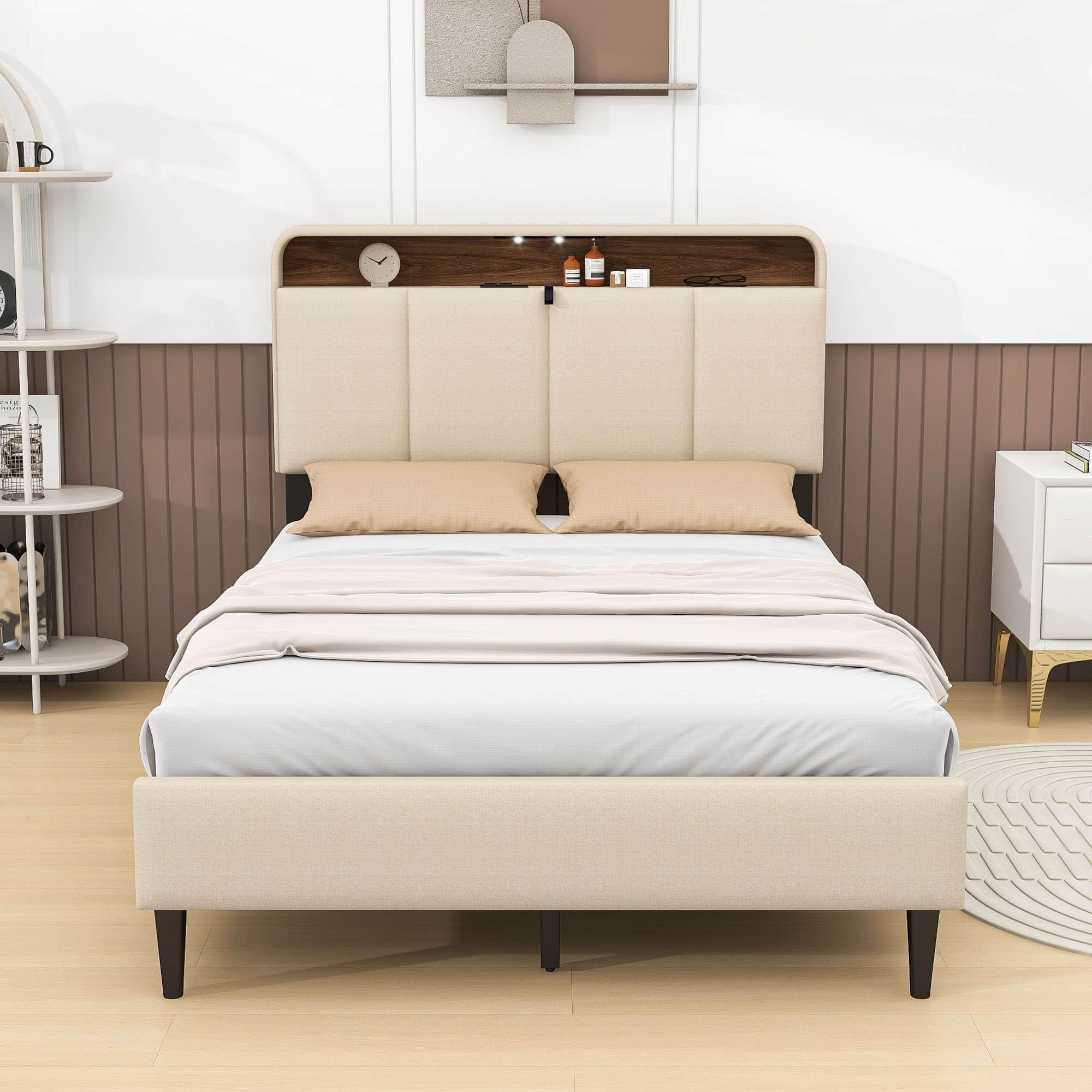 Smart Full Size Platform Upholstered Bed Frame with Storage Headboard