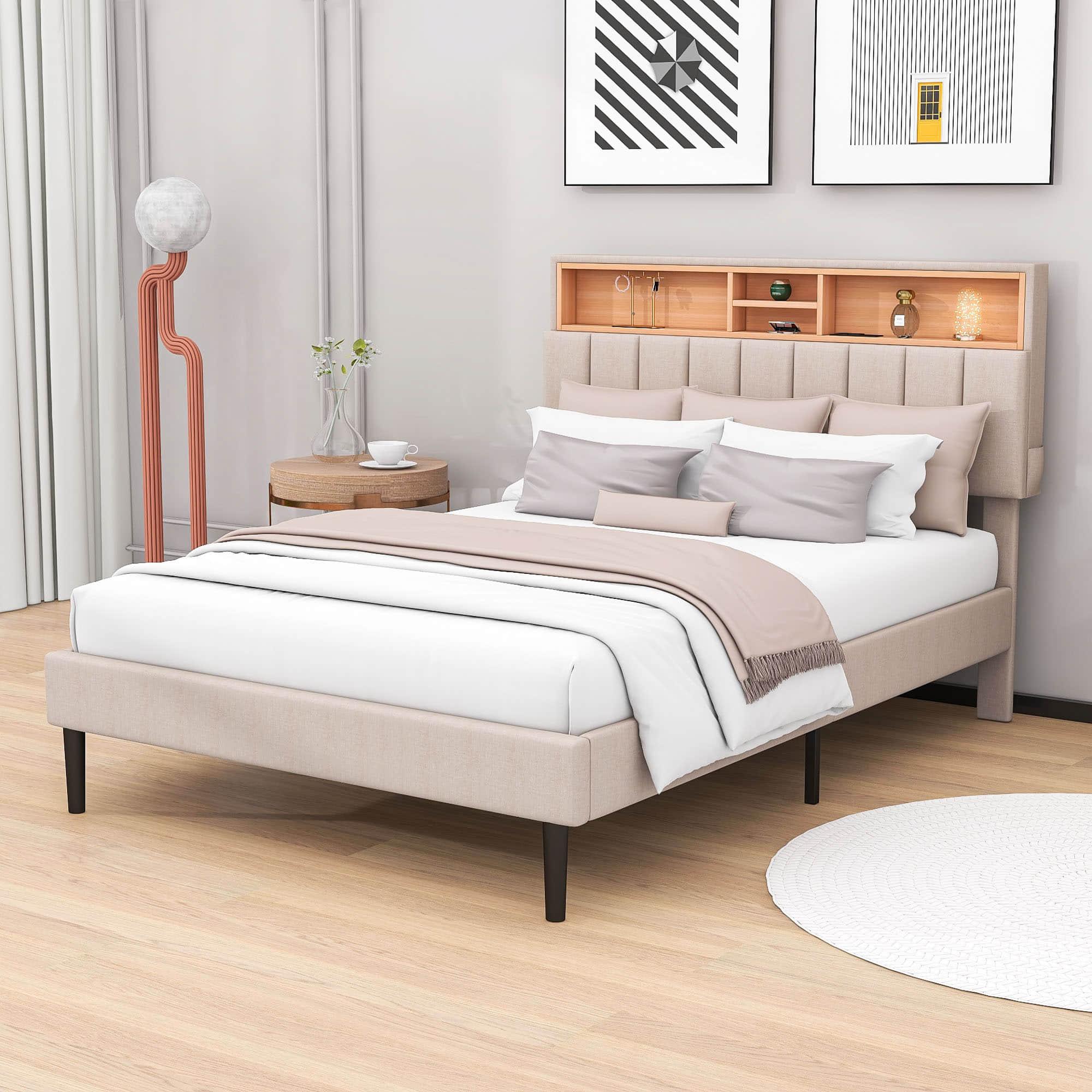 Mid-Century Modern Full Size Upholstered Platform Bed Frame with Storage