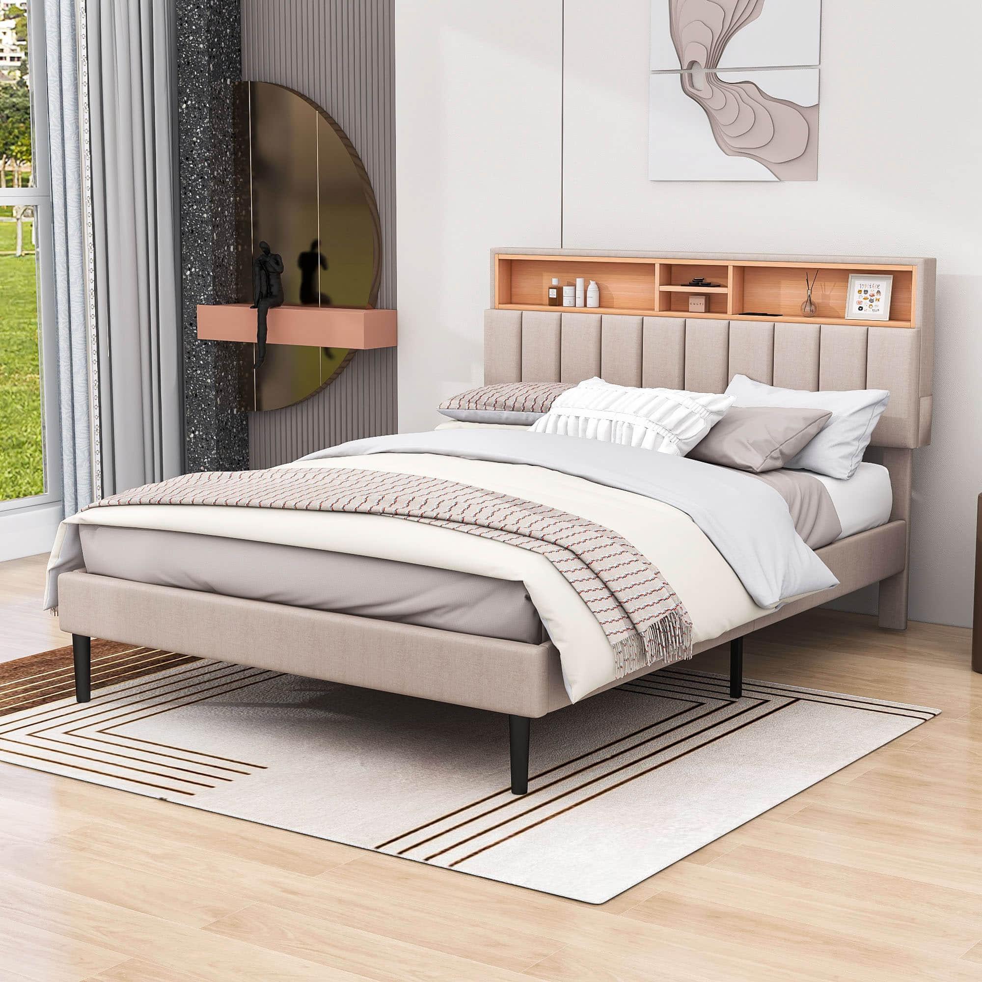 Mid-Century Modern Queen Size Upholstered Platform Bed Frame with Storage