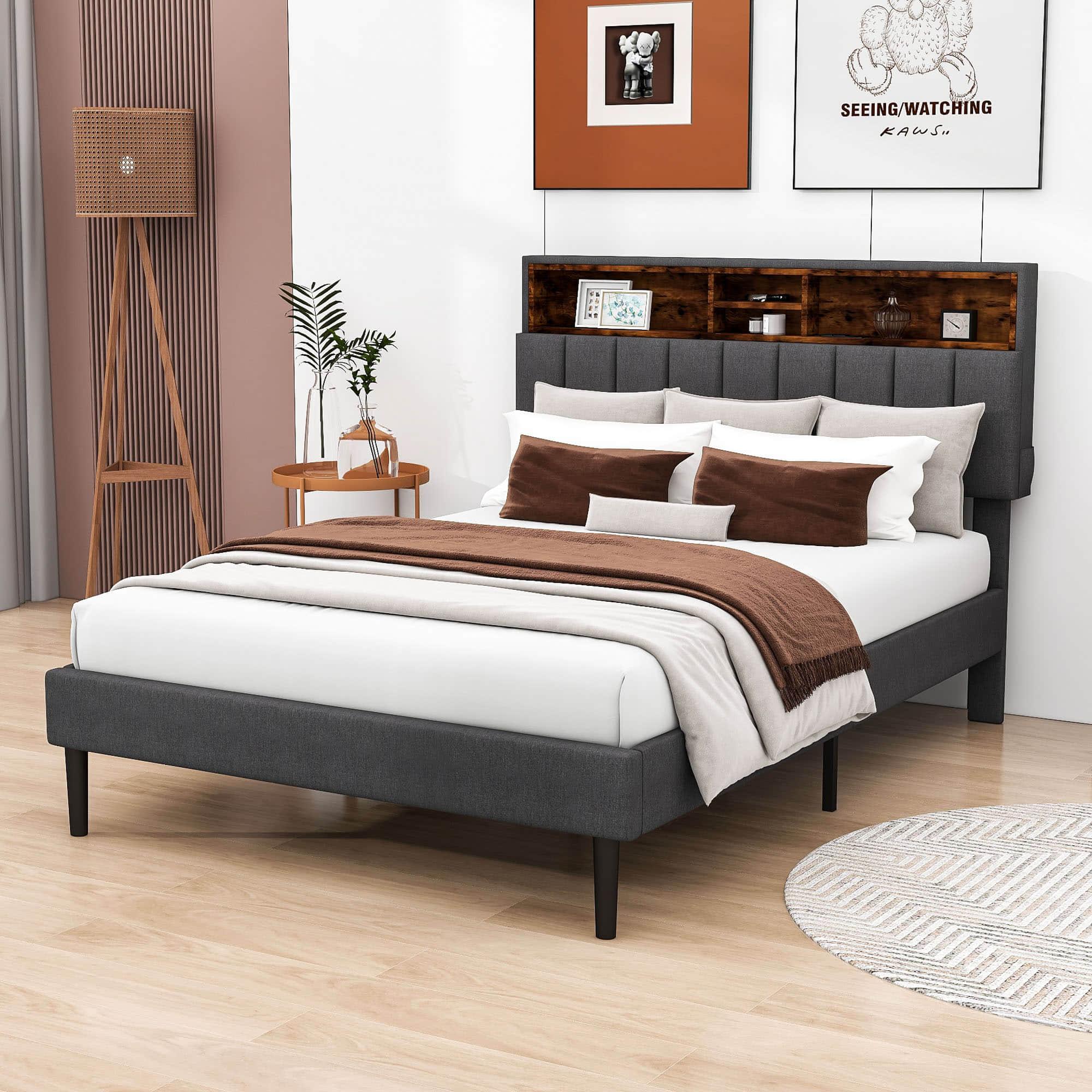 Mid-Century Modern Full Size Upholstered Platform Bed Frame with Storage