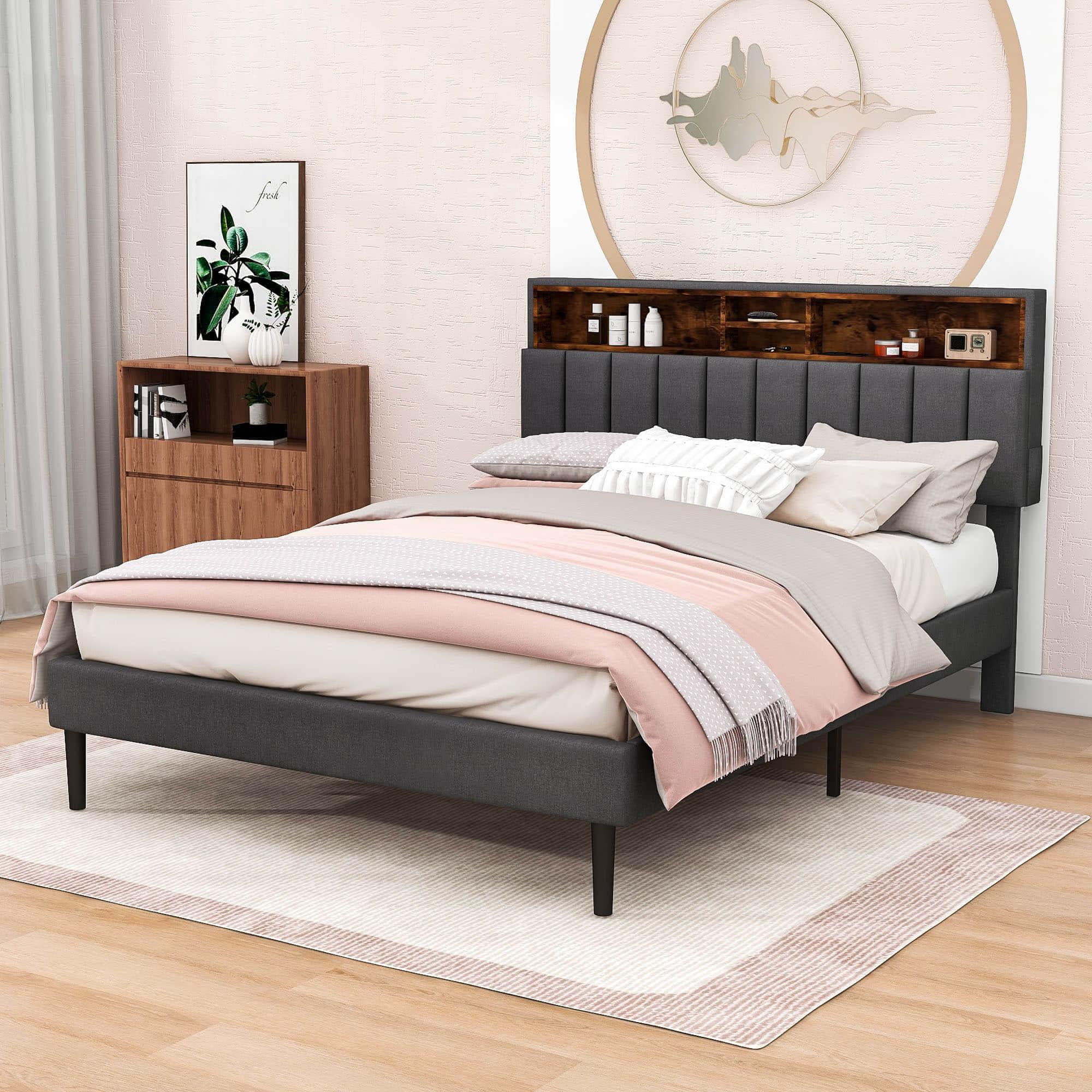 Mid-Century Modern Queen Size Upholstered Platform Bed Frame with Storage