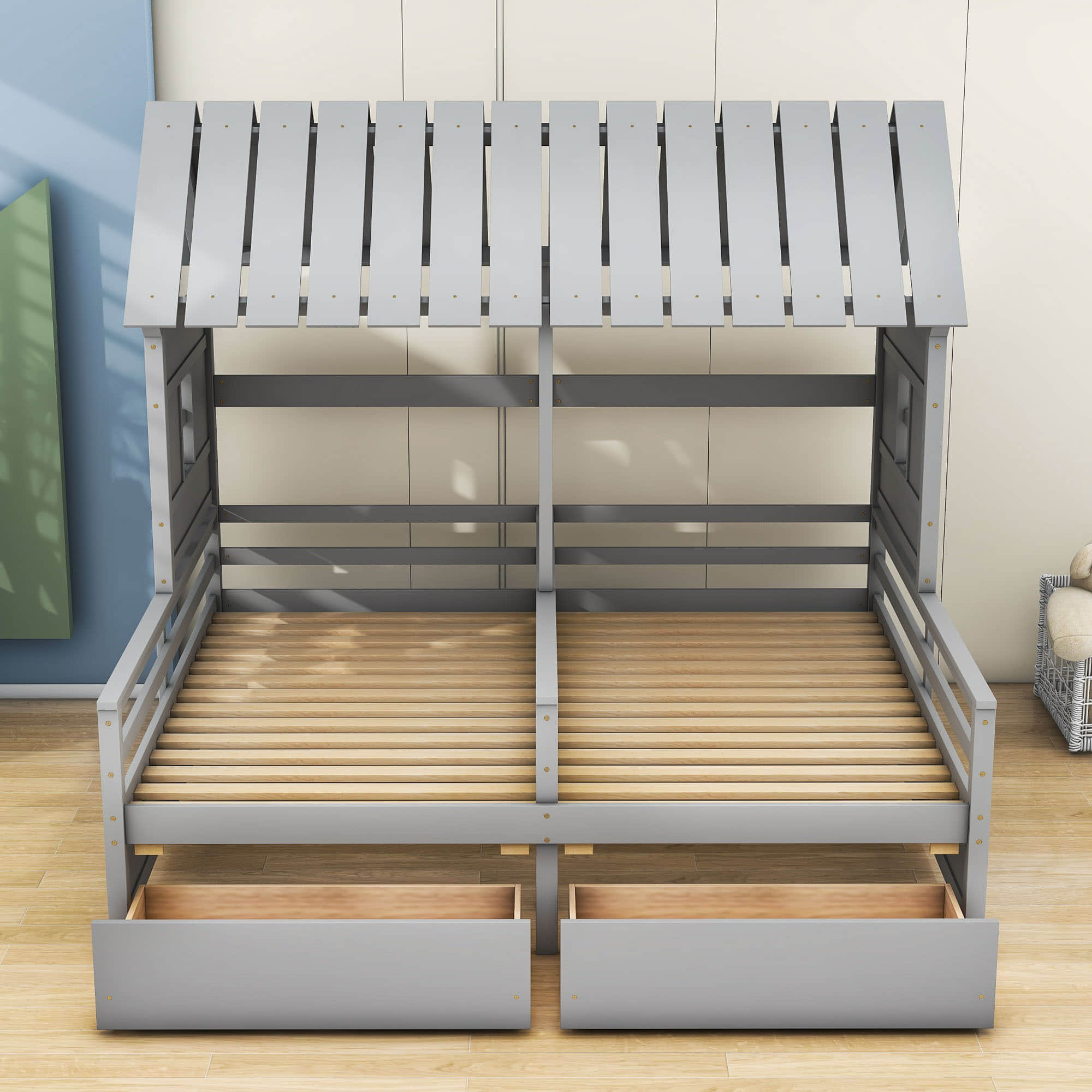 Wooden Double Twin Size House Platform Beds with Storage for 2 Kids