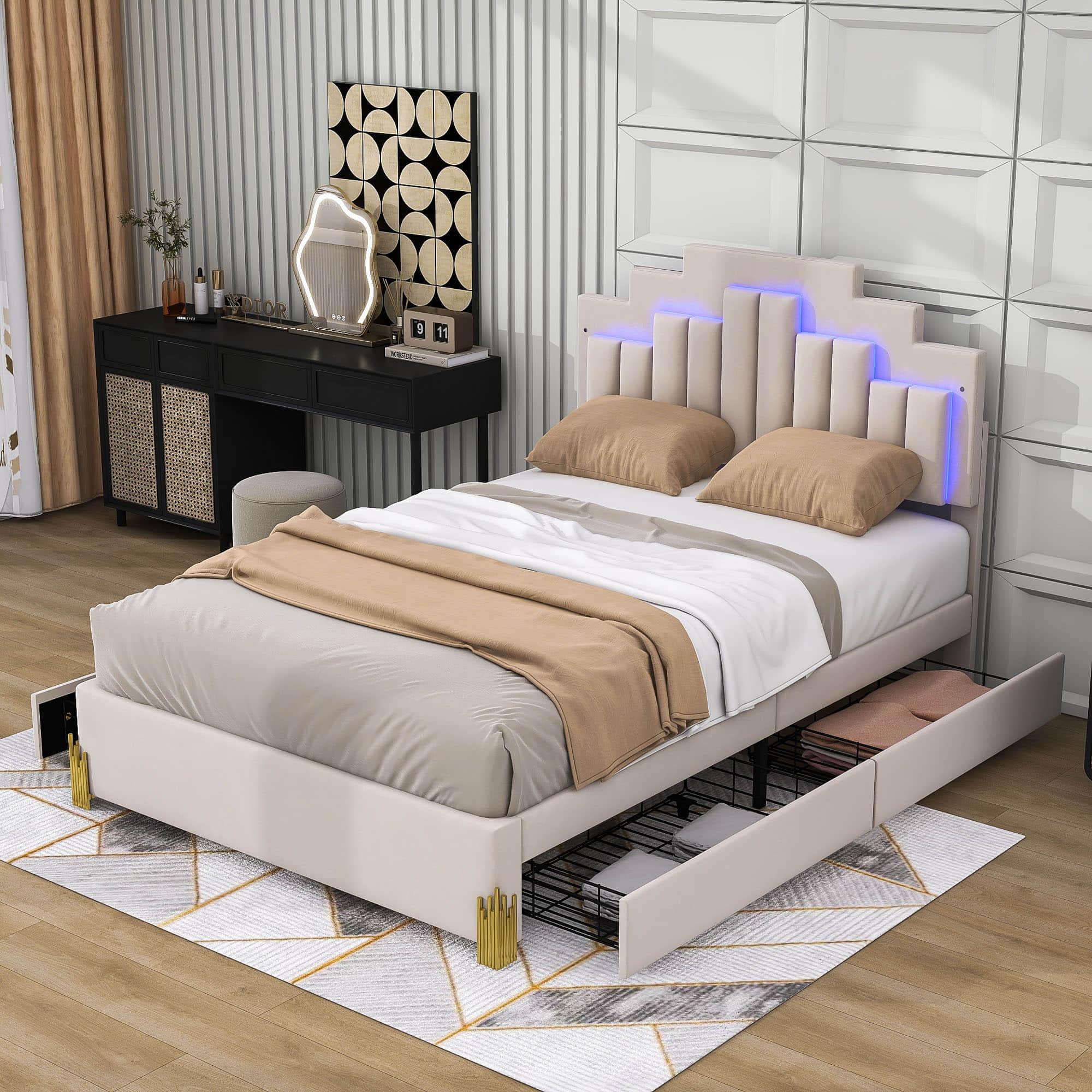 Upholstered Platform Full Size Bed Frame with Headboard and LED Lights