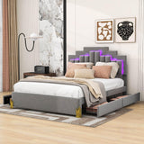 Upholstered Platform Queen Bed Frame with Headboard and LED Lights