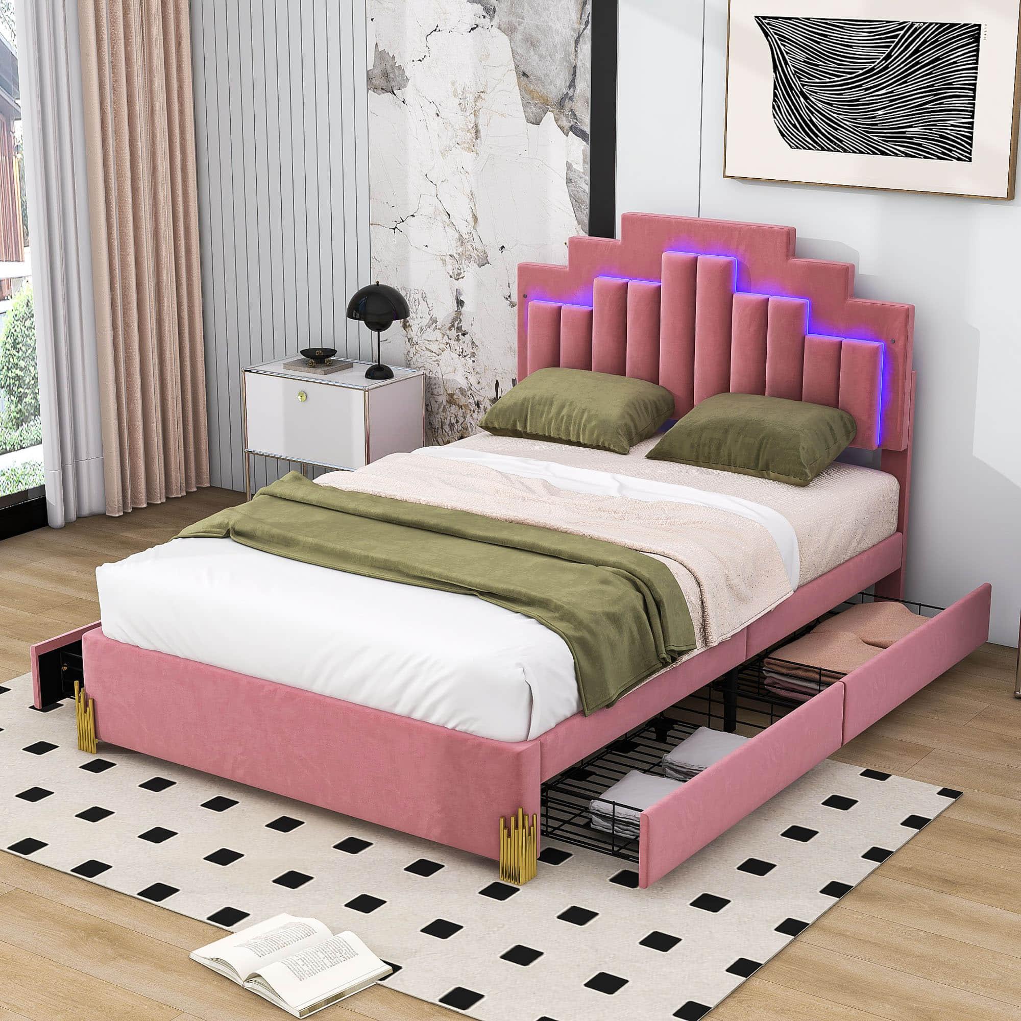 Upholstered Platform Full Size Bed Frame with Headboard and LED Lights