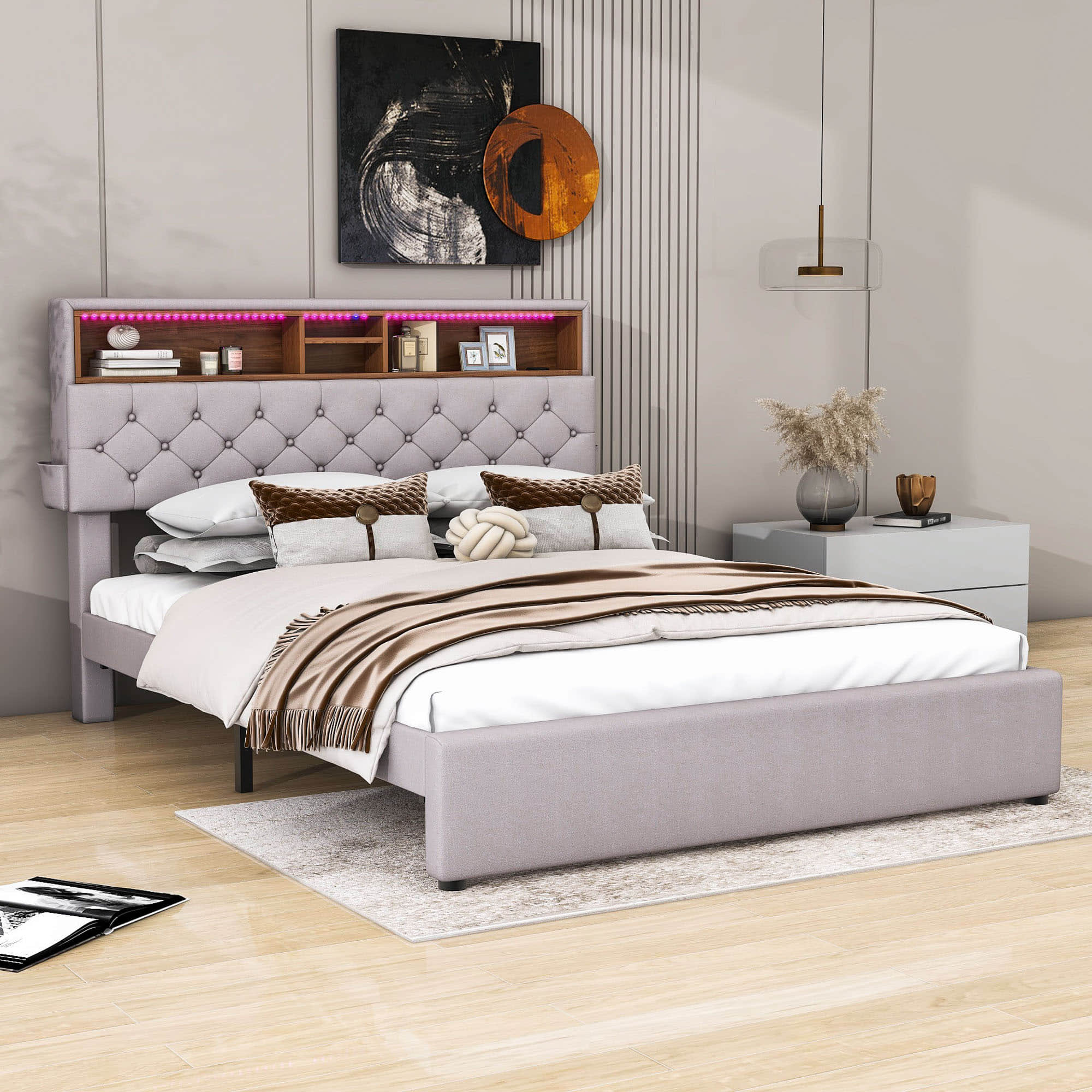 Modern Smart Queen Upholstered Bed Frame with Storage Headboard, LED Lights