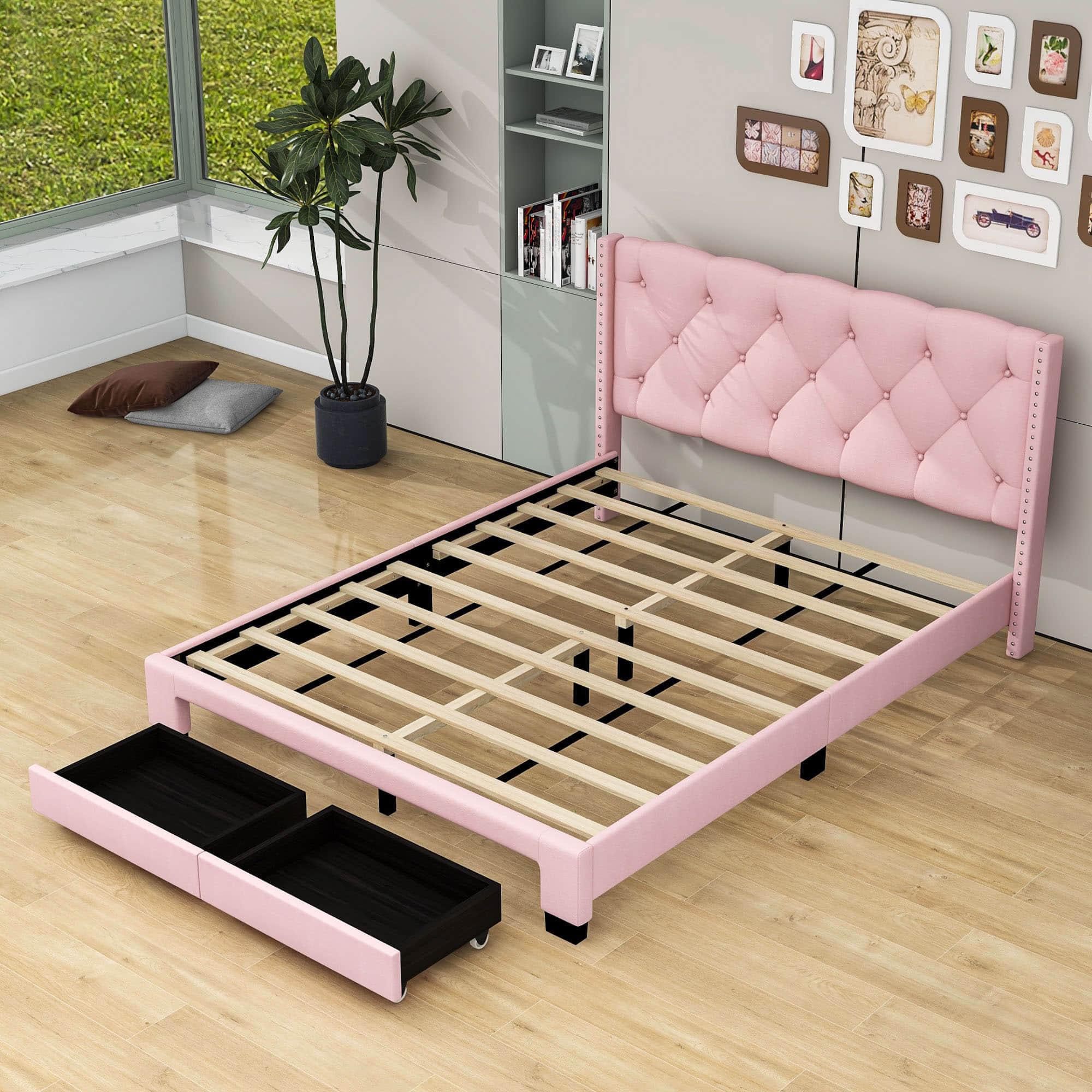 Queen Pink Upholstered Storage Bed Frame with Headboard, Drawers