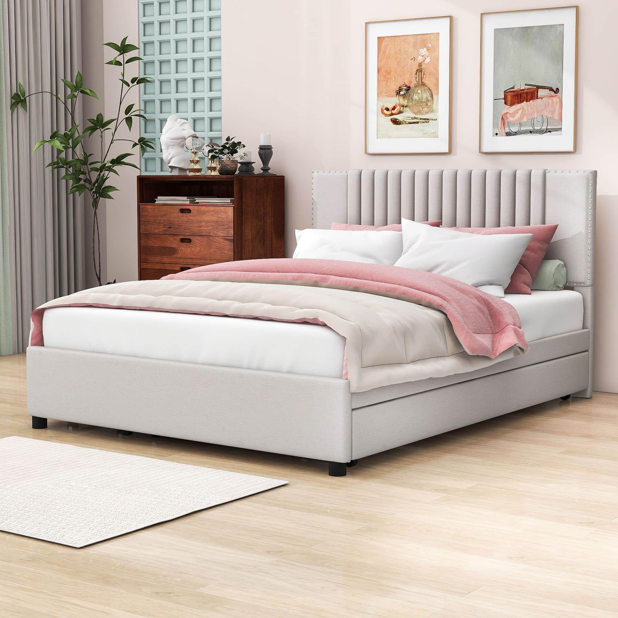 Upholstered Platform Queen Size Bed Frame with Storage and Twin XL Trundle - [Drawers, Headboard]