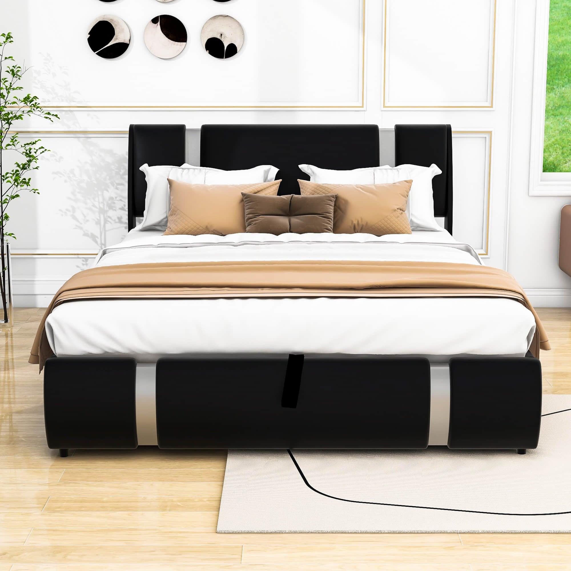 PU Leather Queen Size Upholstered Platform Bed Frame - [Hydraulic Storage System]