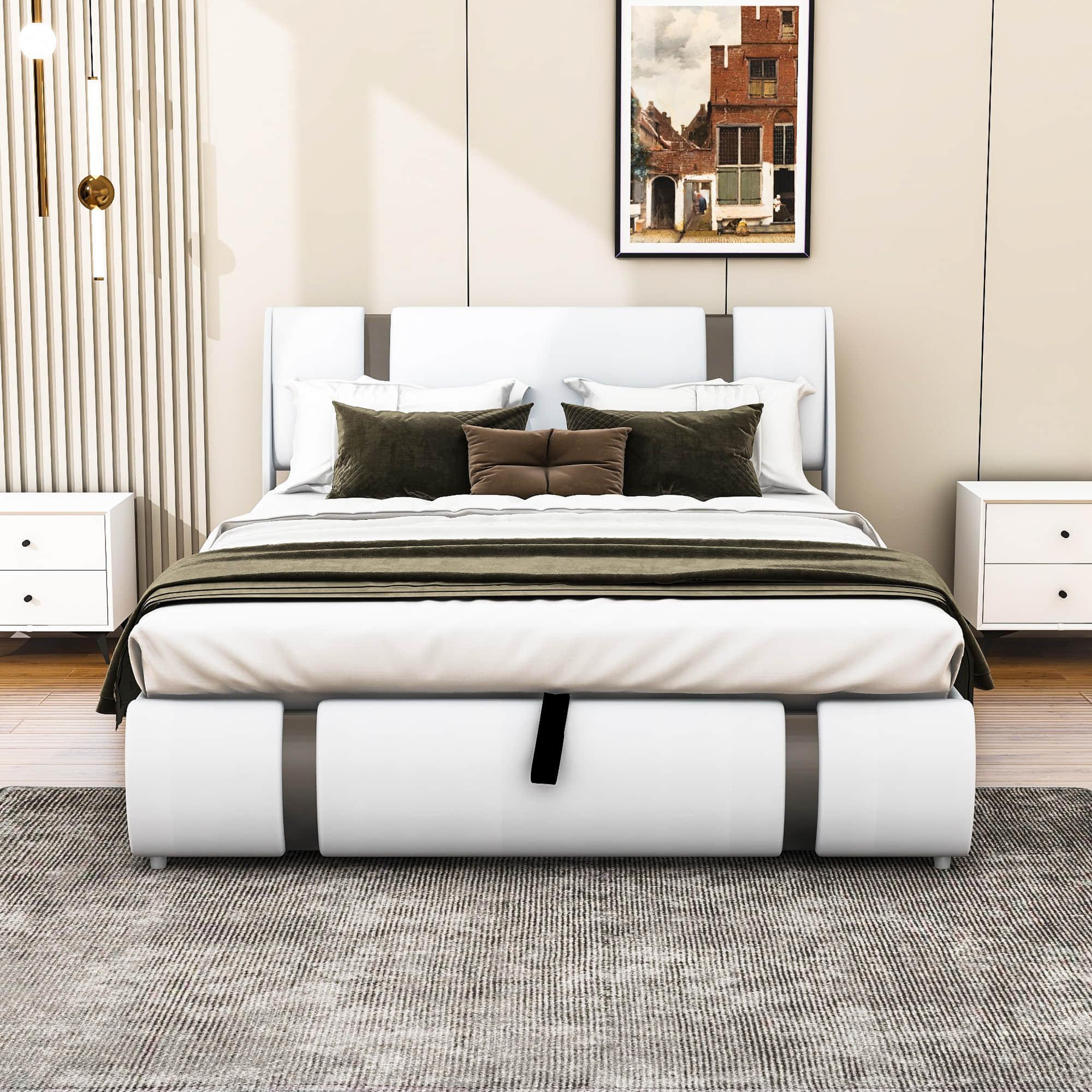 PU Leather Queen Size Upholstered Platform Bed Frame - [Hydraulic Storage System]