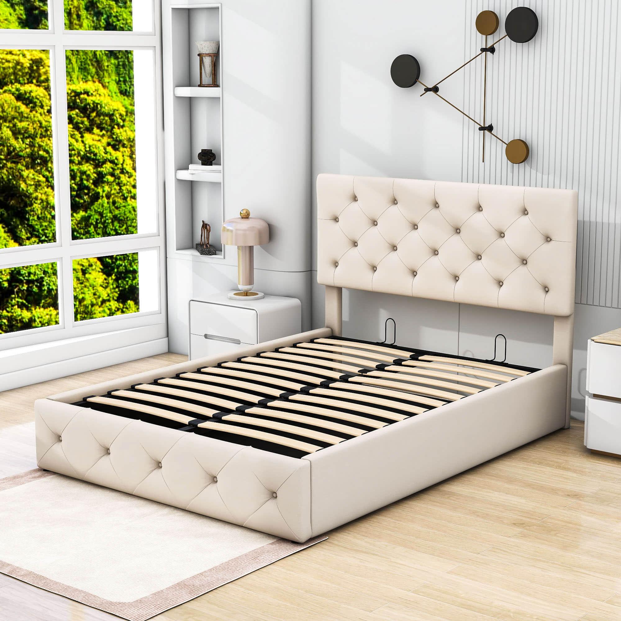 Full Linen Upholstered Platform Bed Frame with Headboard and Storage