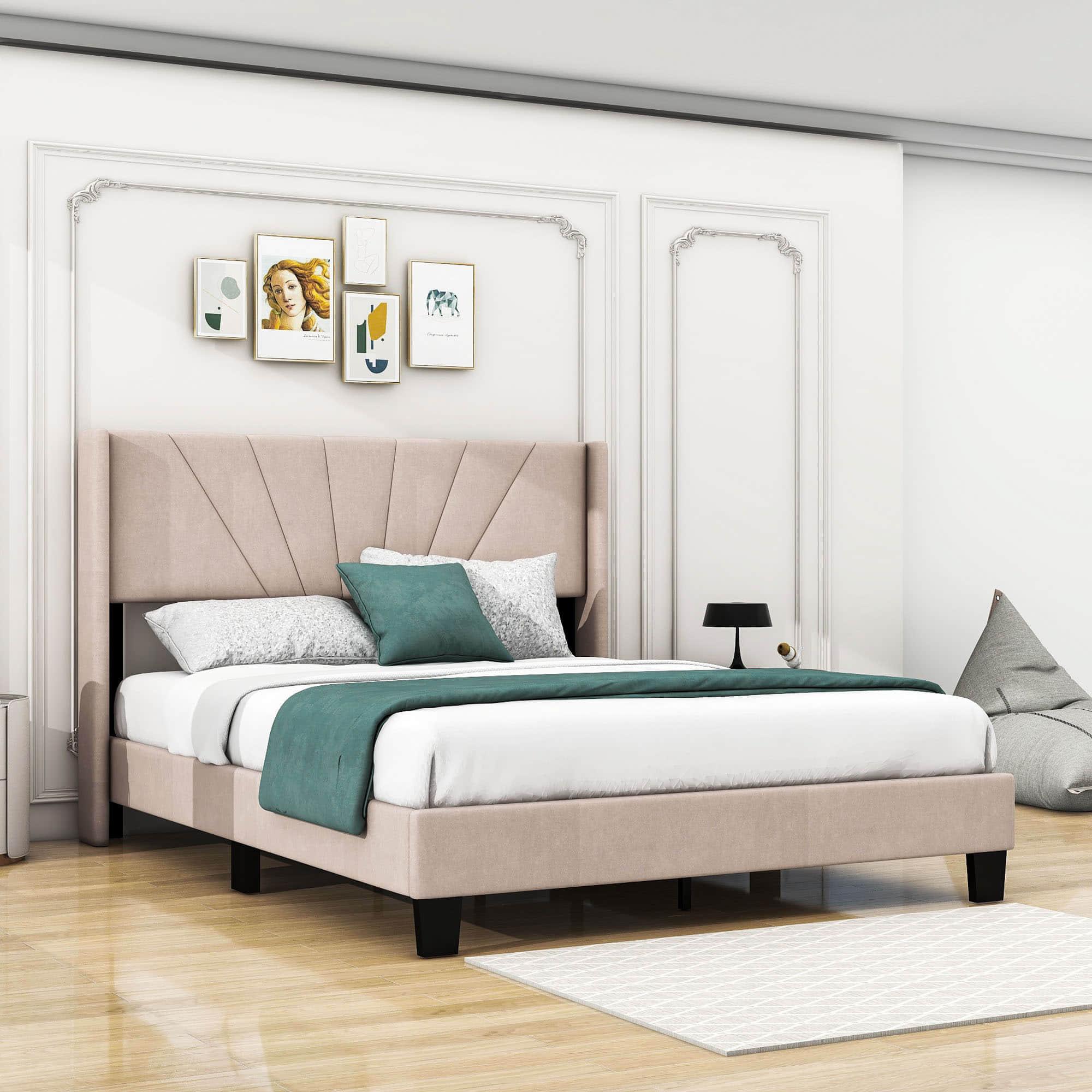 Queen Size Velvet Upholstered Platform Bed Frame with Headboard