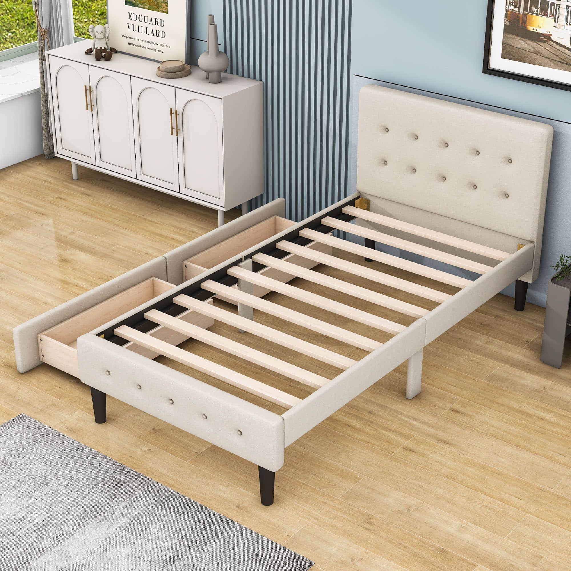 Modern Twin Size Upholstered Platform Bed with Under Bed Storage Drawers