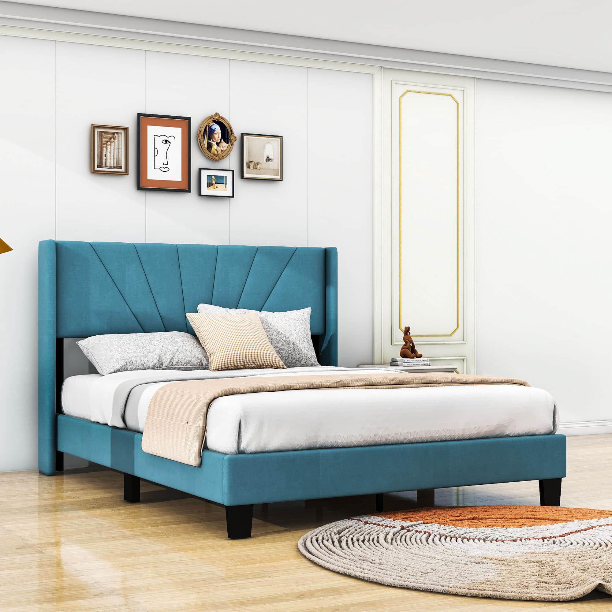 Queen Size Velvet Upholstered Platform Bed Frame with Headboard