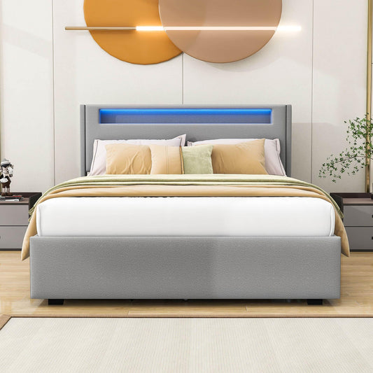 Modern Queen Upholstered Platform Bed with LED Frame and Twin XL Trundle