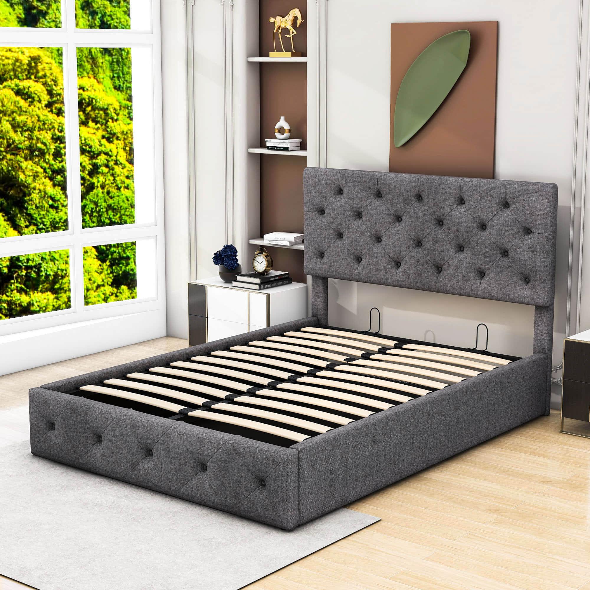 Full Linen Upholstered Platform Bed Frame with Headboard and Storage