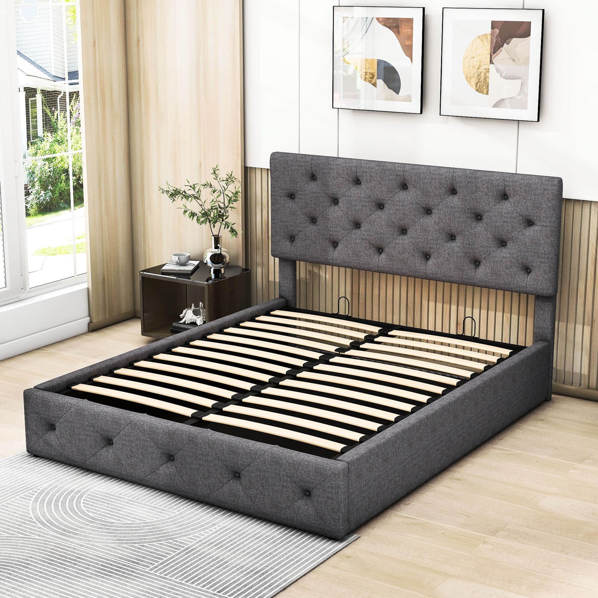 Queen Linen Upholstered Platform Bed Frame with Headboard and Storage