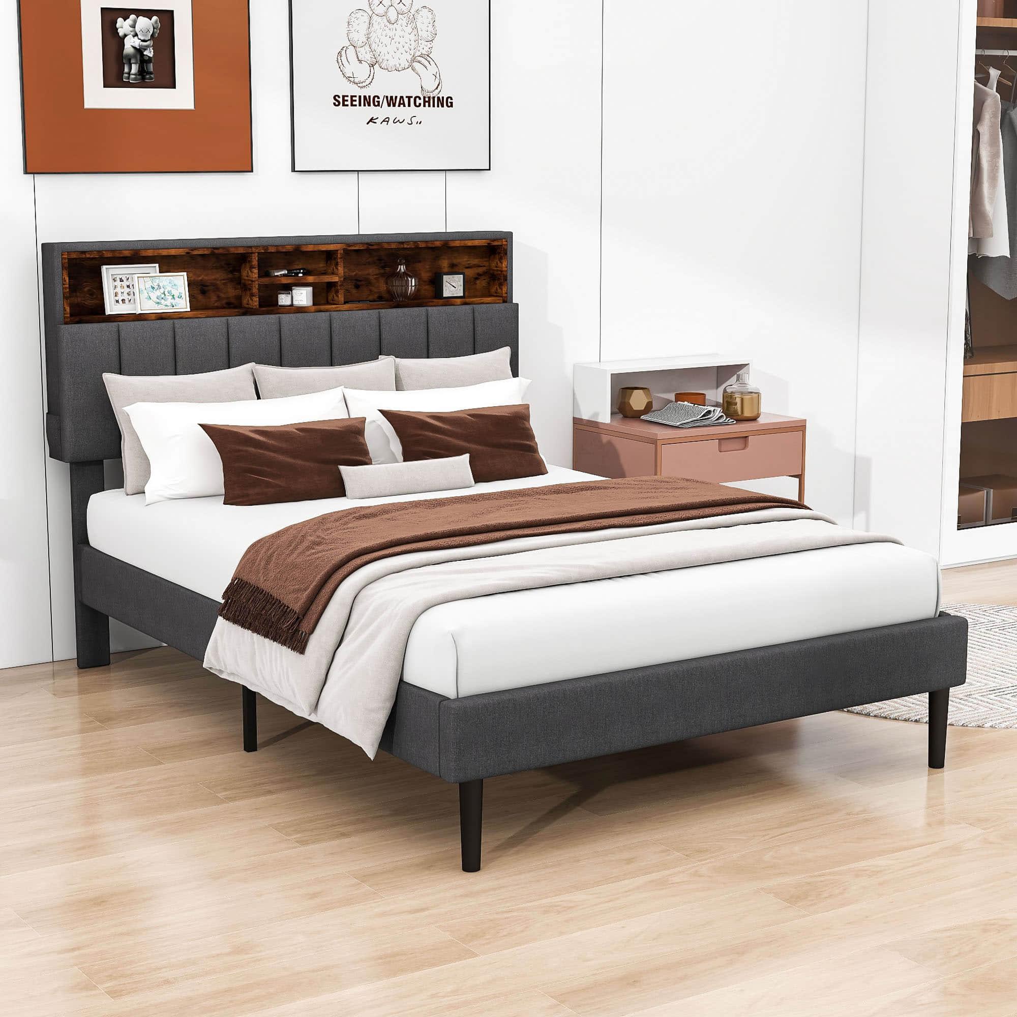 Mid-Century Modern Full Size Upholstered Platform Bed Frame with Storage