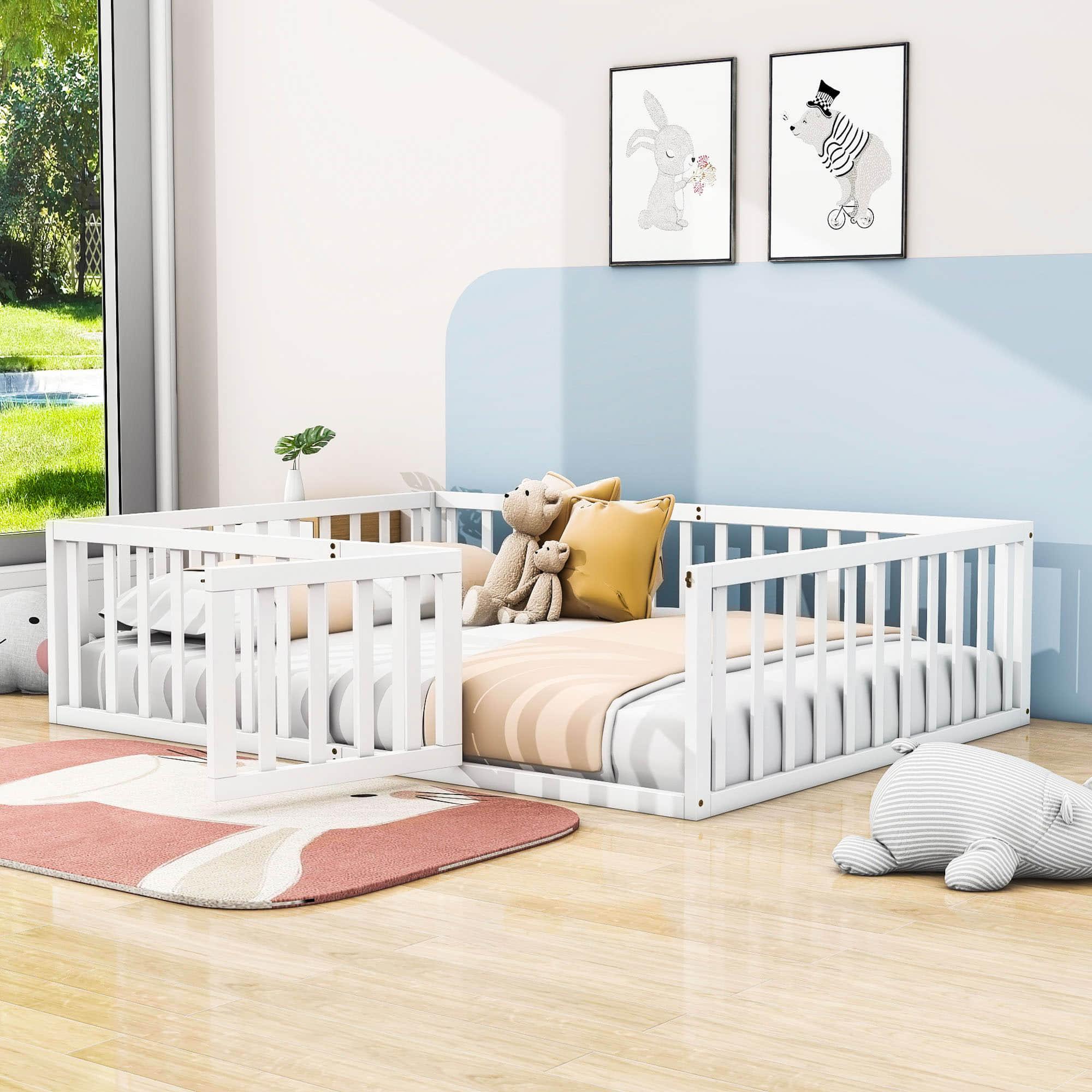 Wooden Queen Size Floor Toddler Bed with Rails and Door