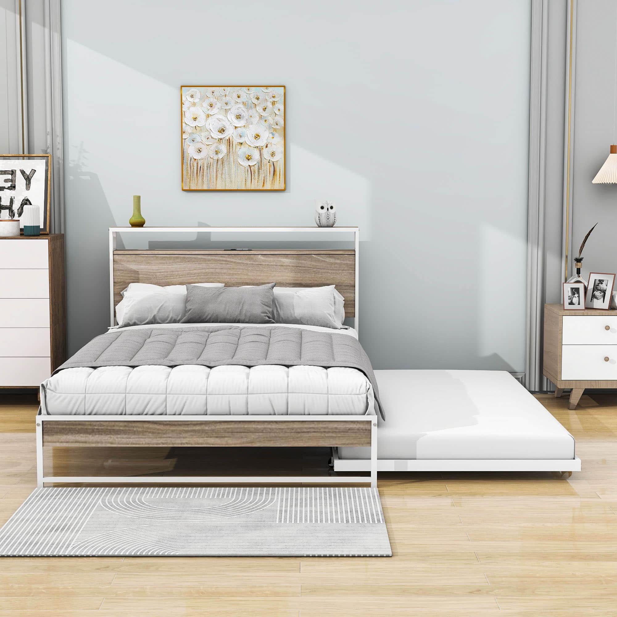 Full Size Smart Platform Bed with Twin Trundle Bed and Shelf Headboard