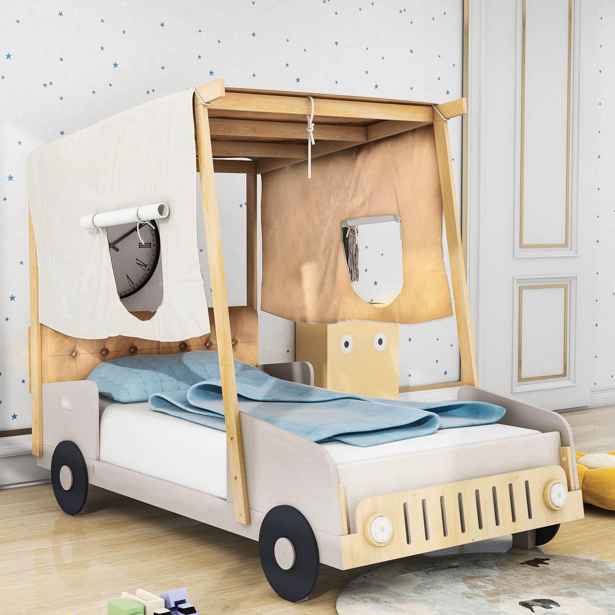 Wood Twin Car Bed Frame with LED Lights and Canopy for Boys