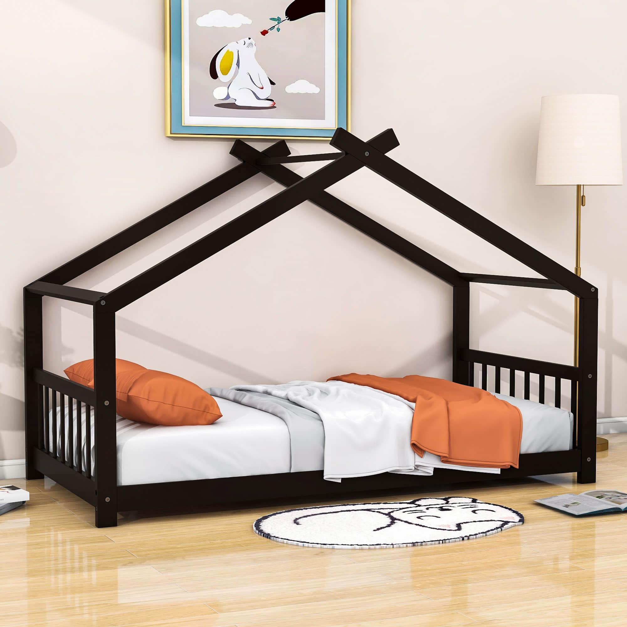 Wooden Twin Low House Bed Frame for Toddler, Kids