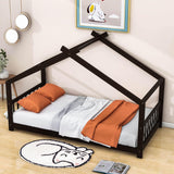 Wooden Twin Low House Bed Frame for Toddler, Kids