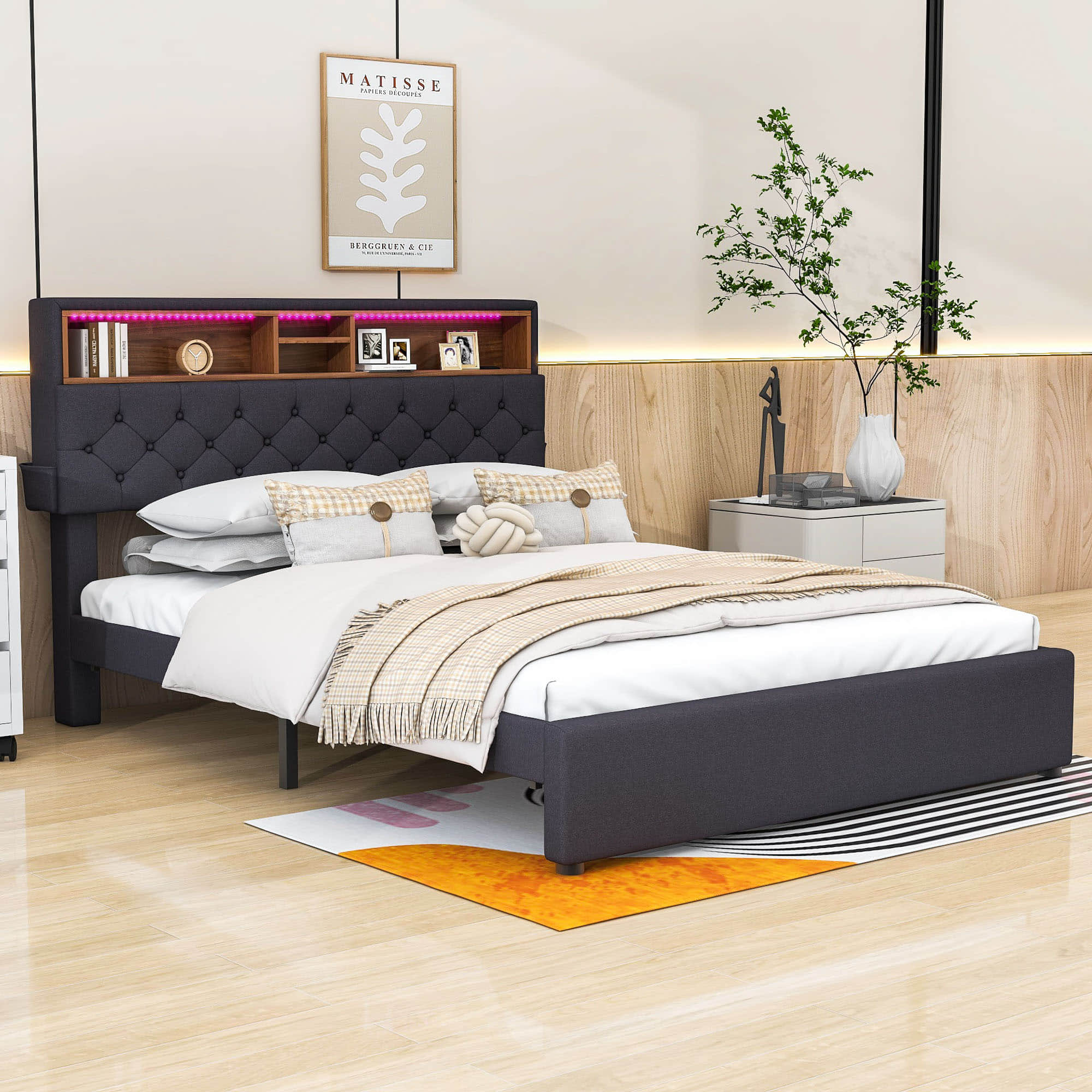 Modern Smart Queen Upholstered Bed Frame with Storage Headboard, LED Lights