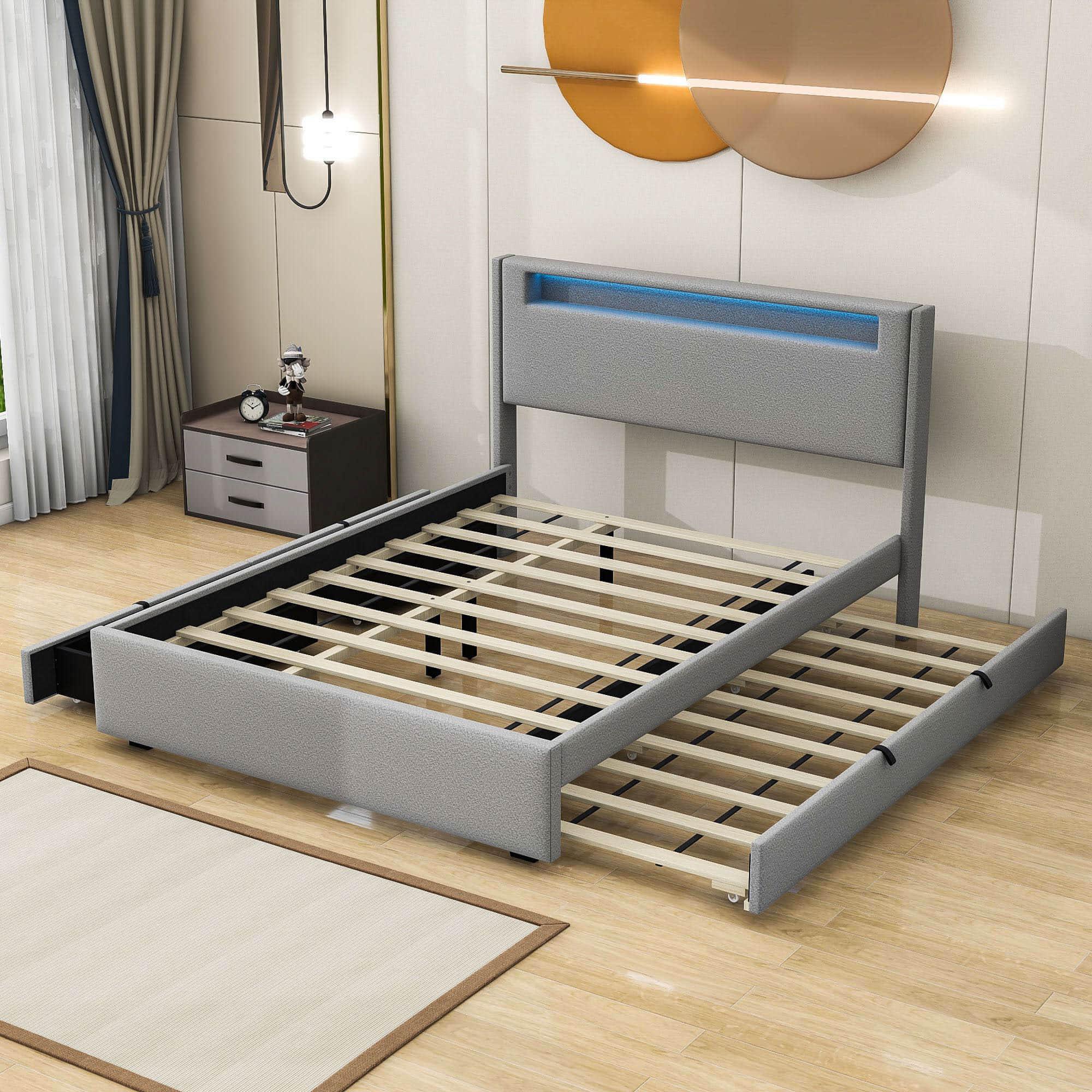 Modern Queen Upholstered Platform Bed with LED Frame and Twin XL Trundle