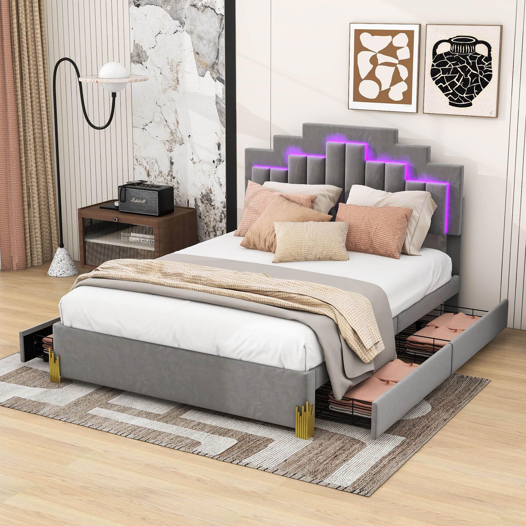 Upholstered Platform Queen Bed Frame with Headboard and LED Lights