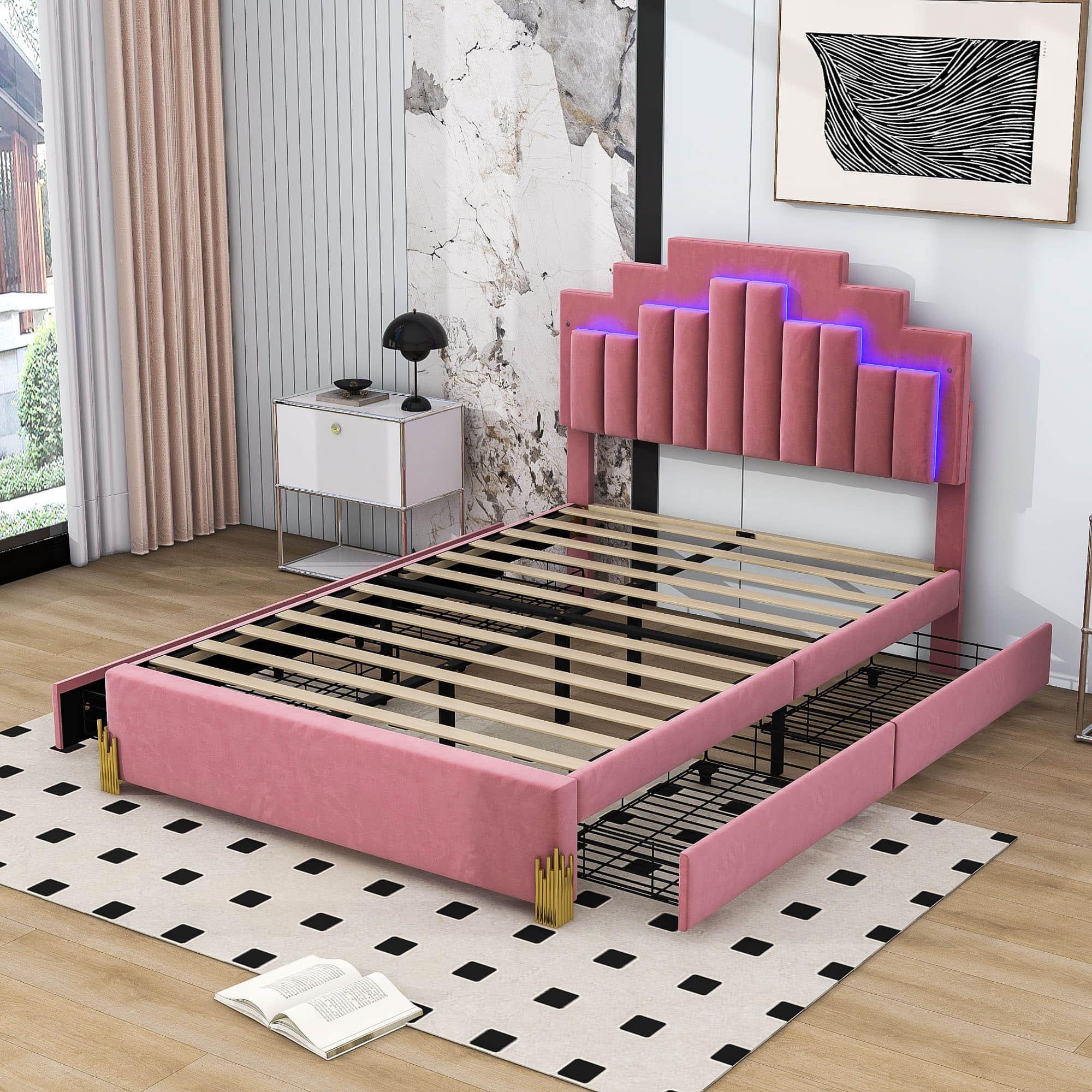 Upholstered Platform Full Size Bed Frame with Headboard and LED Lights