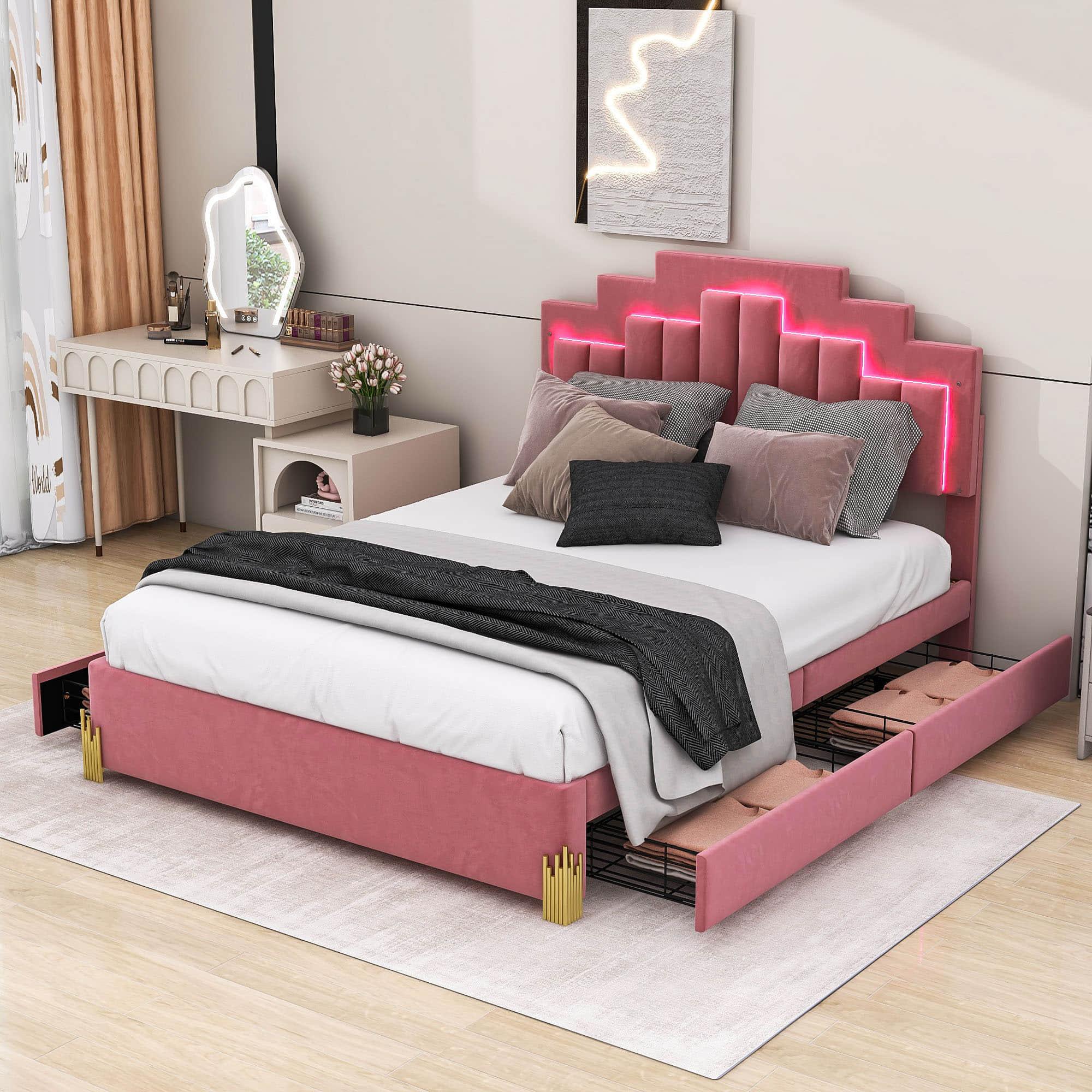 Upholstered Platform Queen Bed Frame with Headboard and LED Lights