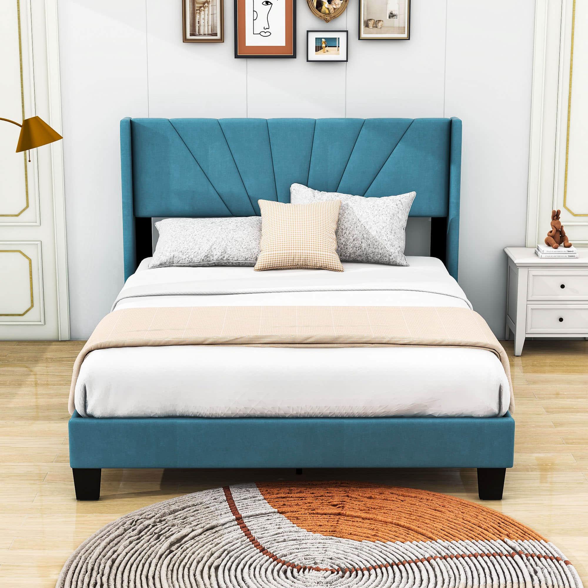 Queen Size Velvet Upholstered Platform Bed Frame with Headboard