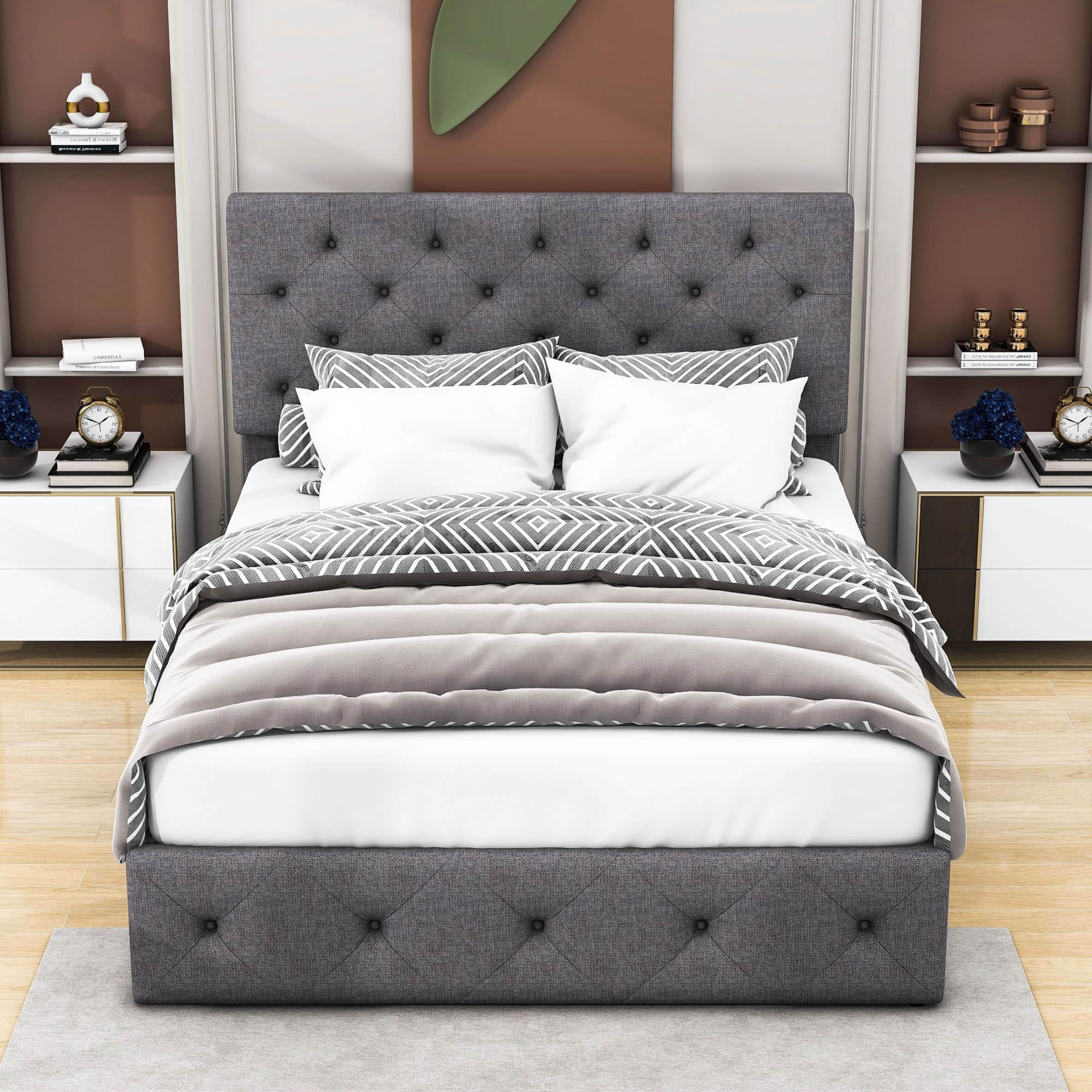 Full Linen Upholstered Platform Bed Frame with Headboard and Storage