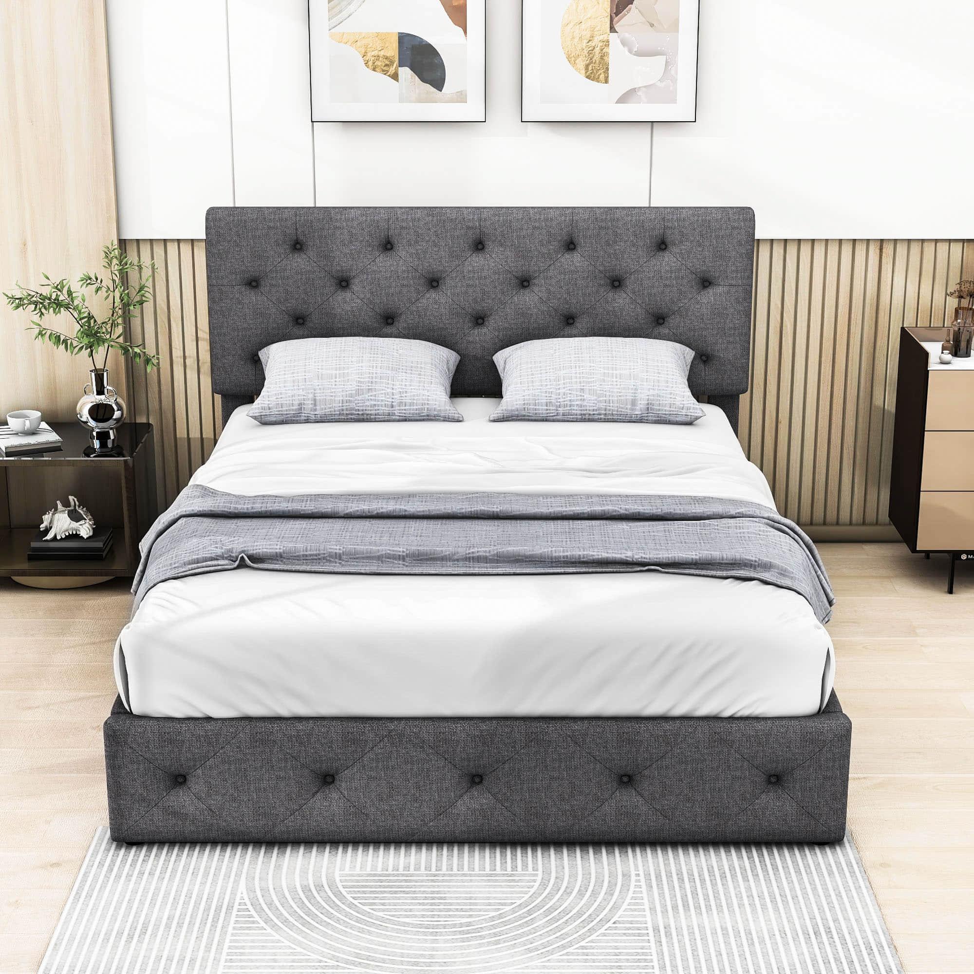 Queen Linen Upholstered Platform Bed Frame with Headboard and Storage