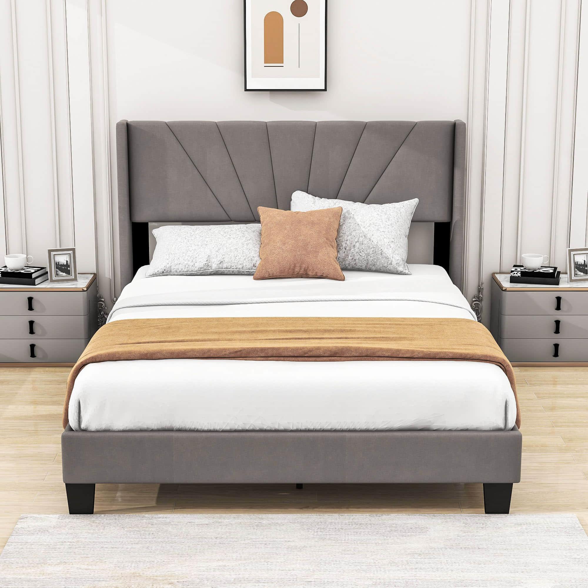 Queen Size Velvet Upholstered Platform Bed Frame with Headboard