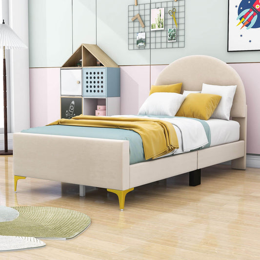 Velvet Upholstered Twin Bed Frame with Headboard for Kids, Adults