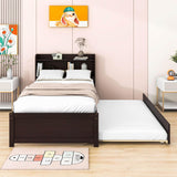 Wooden Twin Platform Bed with Twin Trundle Bed and Storage Headboard - [Shelves]