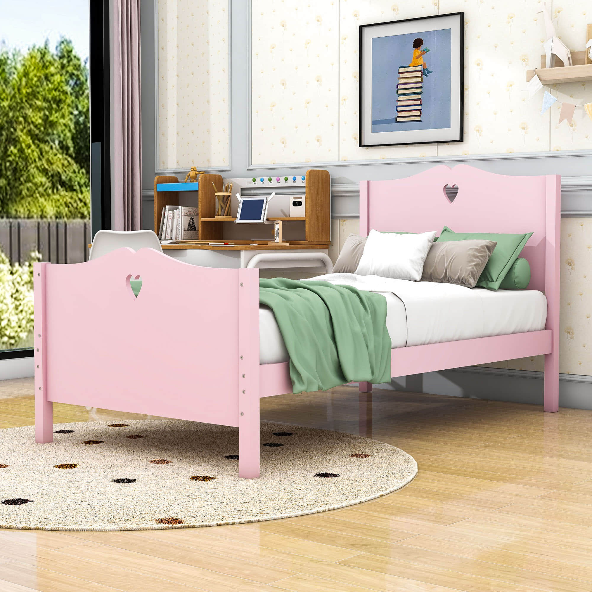 Wood Girls Twin Platform Bed with Headboard and Footboard