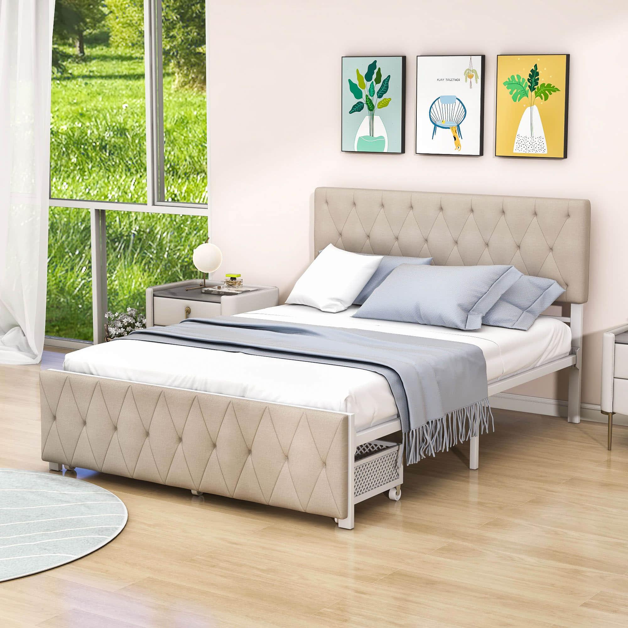 Metal Full Size Upholstered Storage Bed with Headboard and Drawers