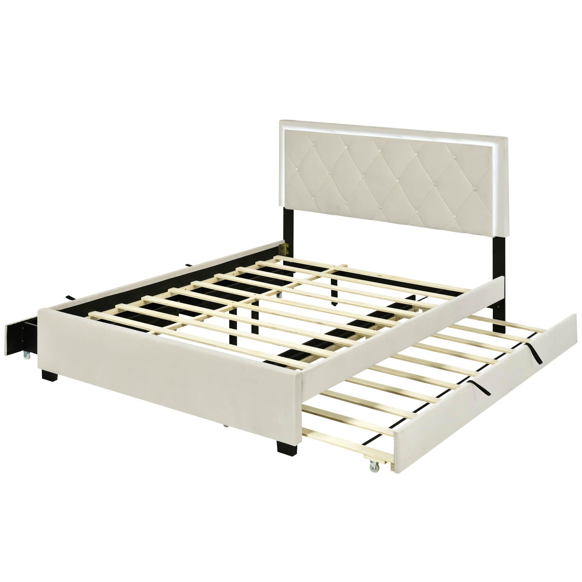 Queen Velvet Upholstered Platform Bed Frame with Twin XL Trundle and Storage