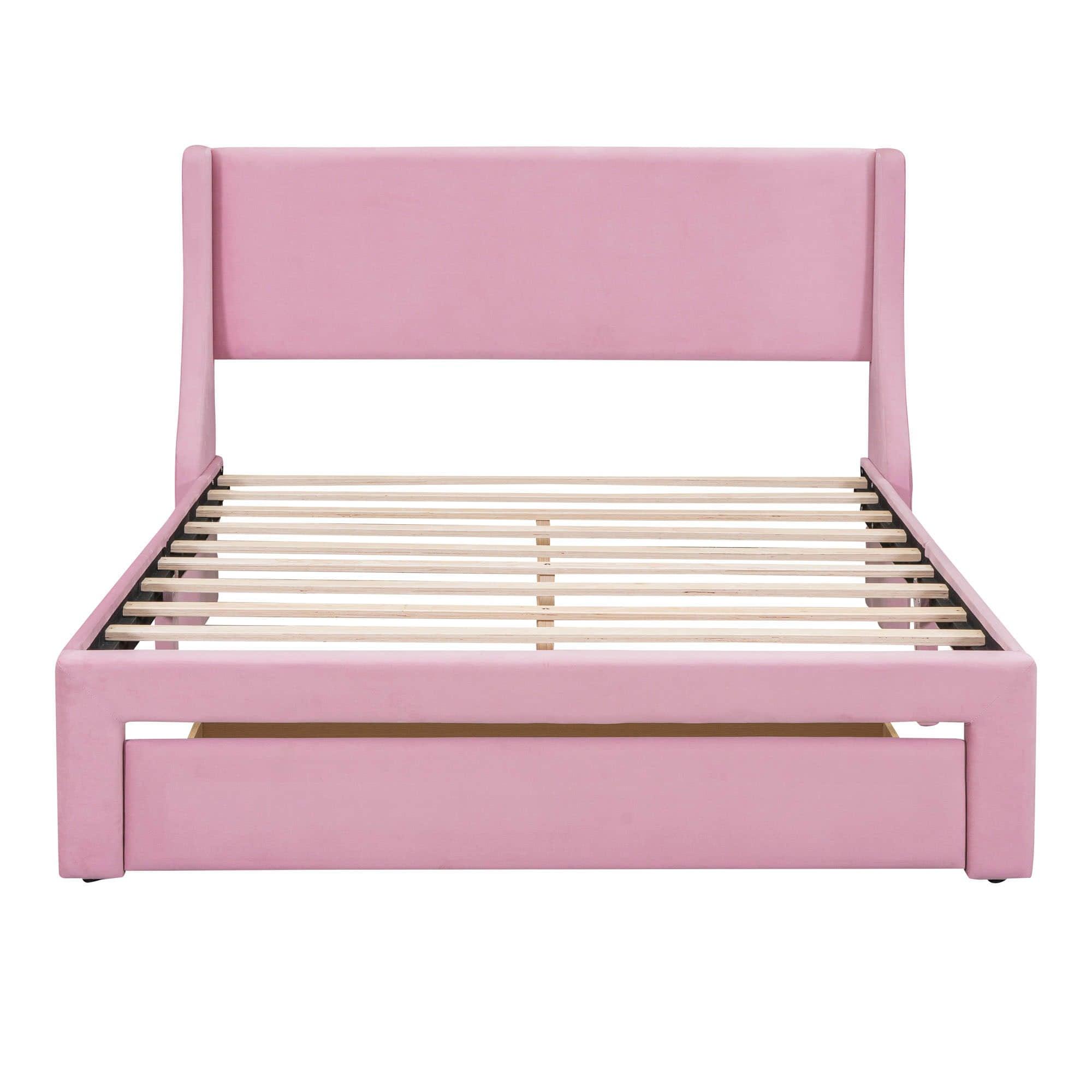 Velvet Upholstered Queen Size Platform Storage Bed with Headboard - [Drawer]