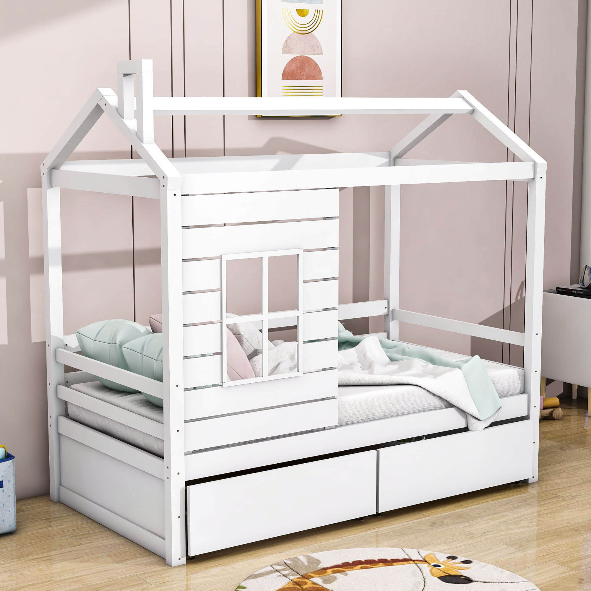 Kids Twin Size Wood House Bed with Rails Storage Drawers