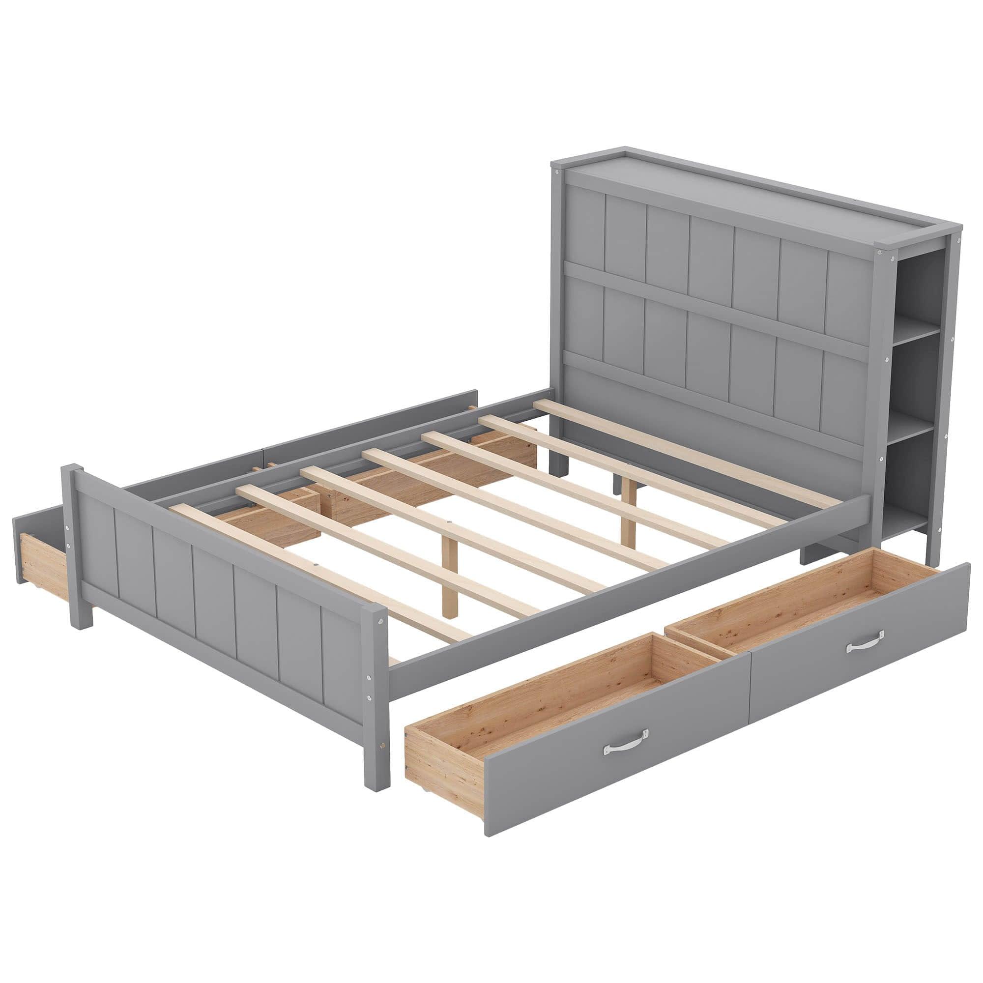 Wooden Full Size Platform Bed with Headboard and Storage - [Drawers, Shelves]