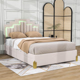 Upholstered Platform Full Size Bed Frame with Headboard and LED Lights