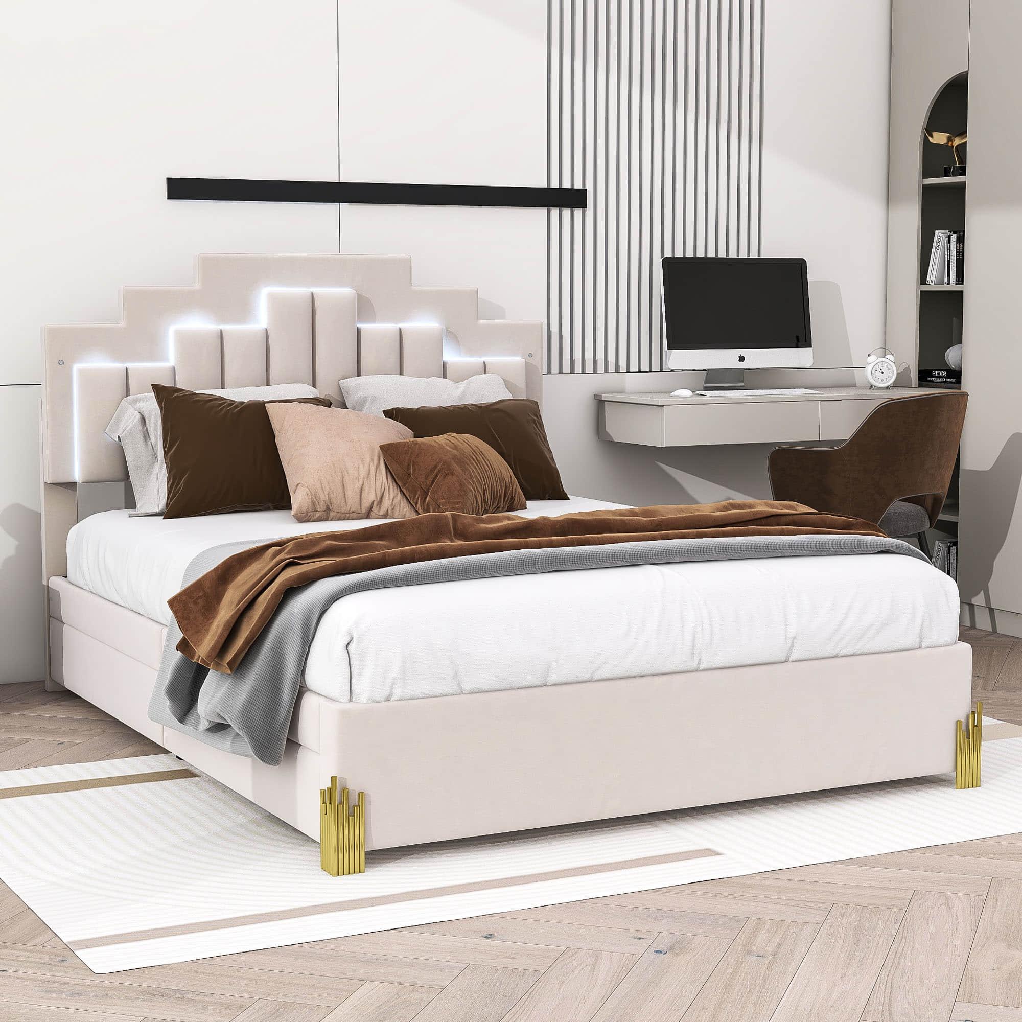 Upholstered Platform Queen Bed Frame with Headboard and LED Lights