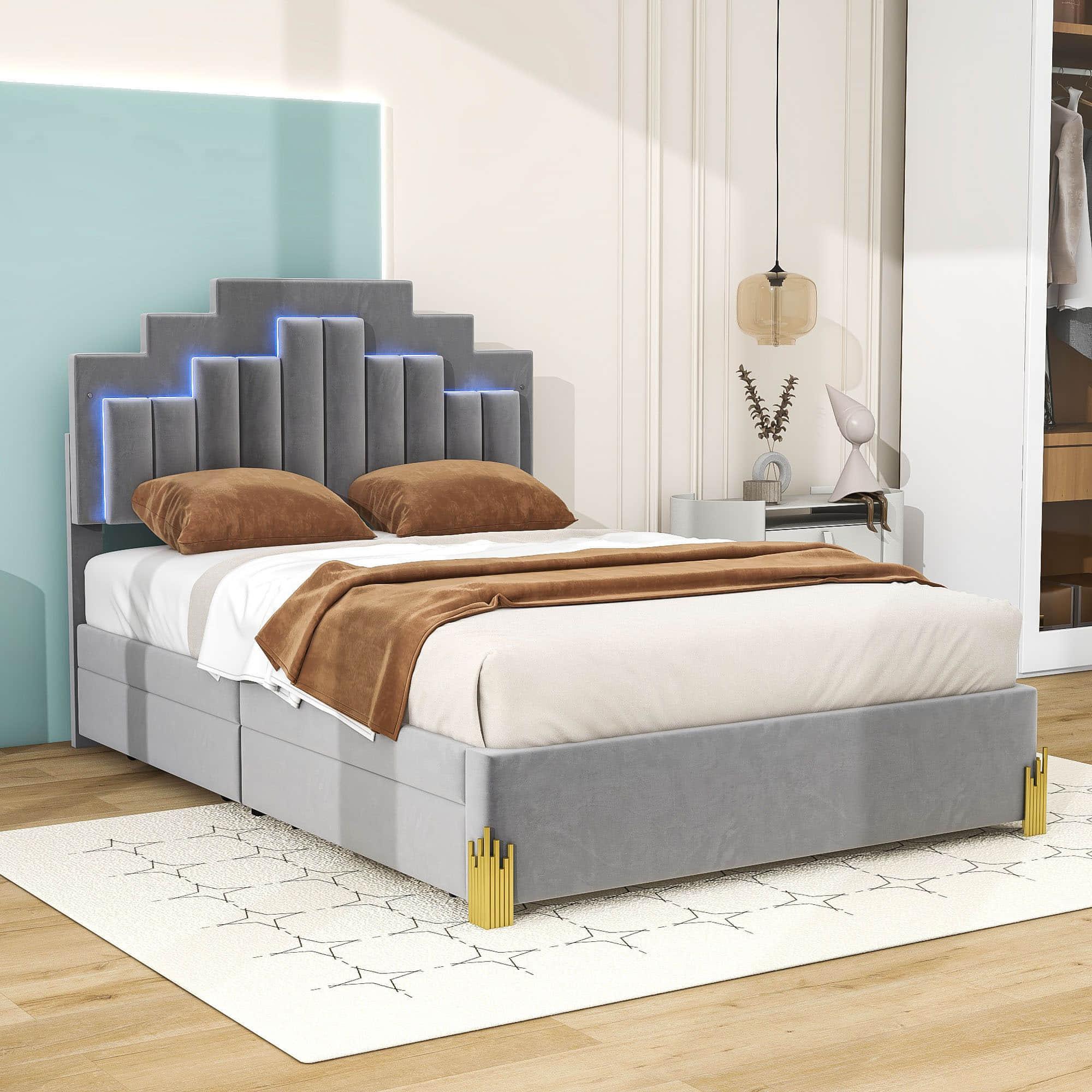 Upholstered Platform Full Size Bed Frame with Headboard and LED Lights