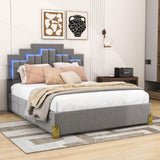 Upholstered Platform Queen Bed Frame with Headboard and LED Lights