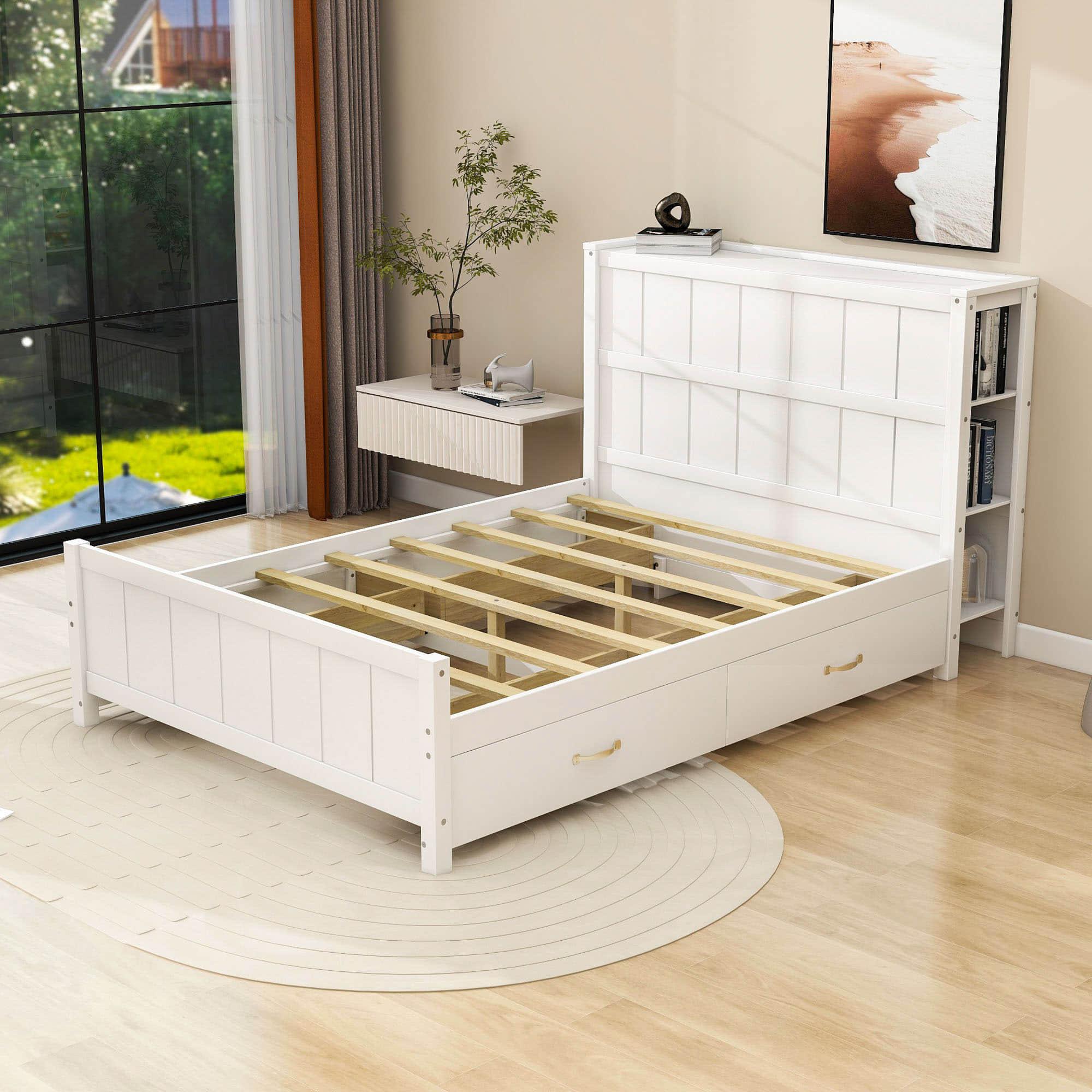 Wooden Full Size Platform Bed with Headboard and Storage - [Drawers, Shelves]